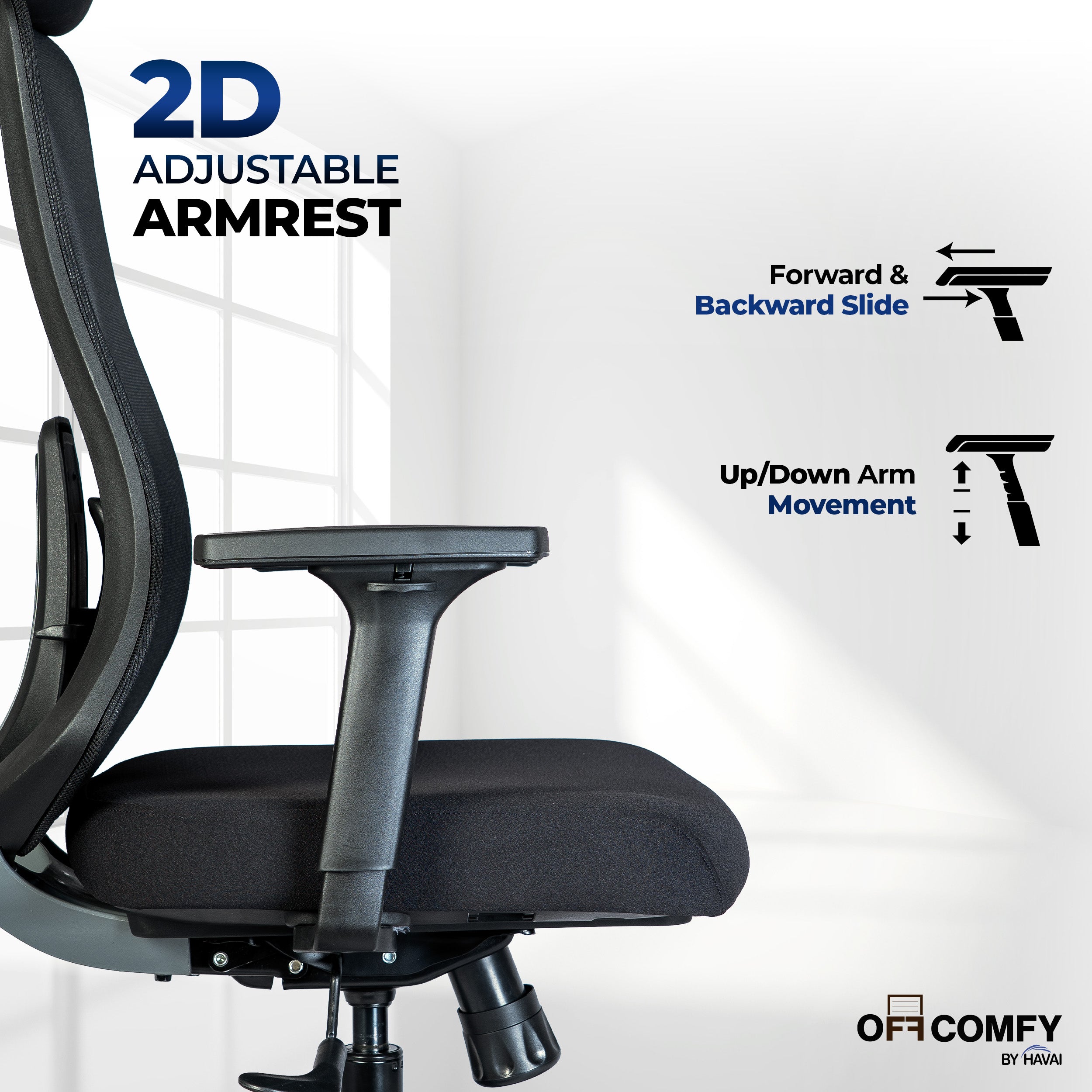 Off Comfy by HAVAI - Bolt Black Ergonomic Office Chair | Yuva Mesh Back | 4D Arms with PU Pad | 1D Lumbar Support | Auto Weight Mechanism with 4-Point Lock | Seat Slider | Crystal Chrome Base | 60mm Castors