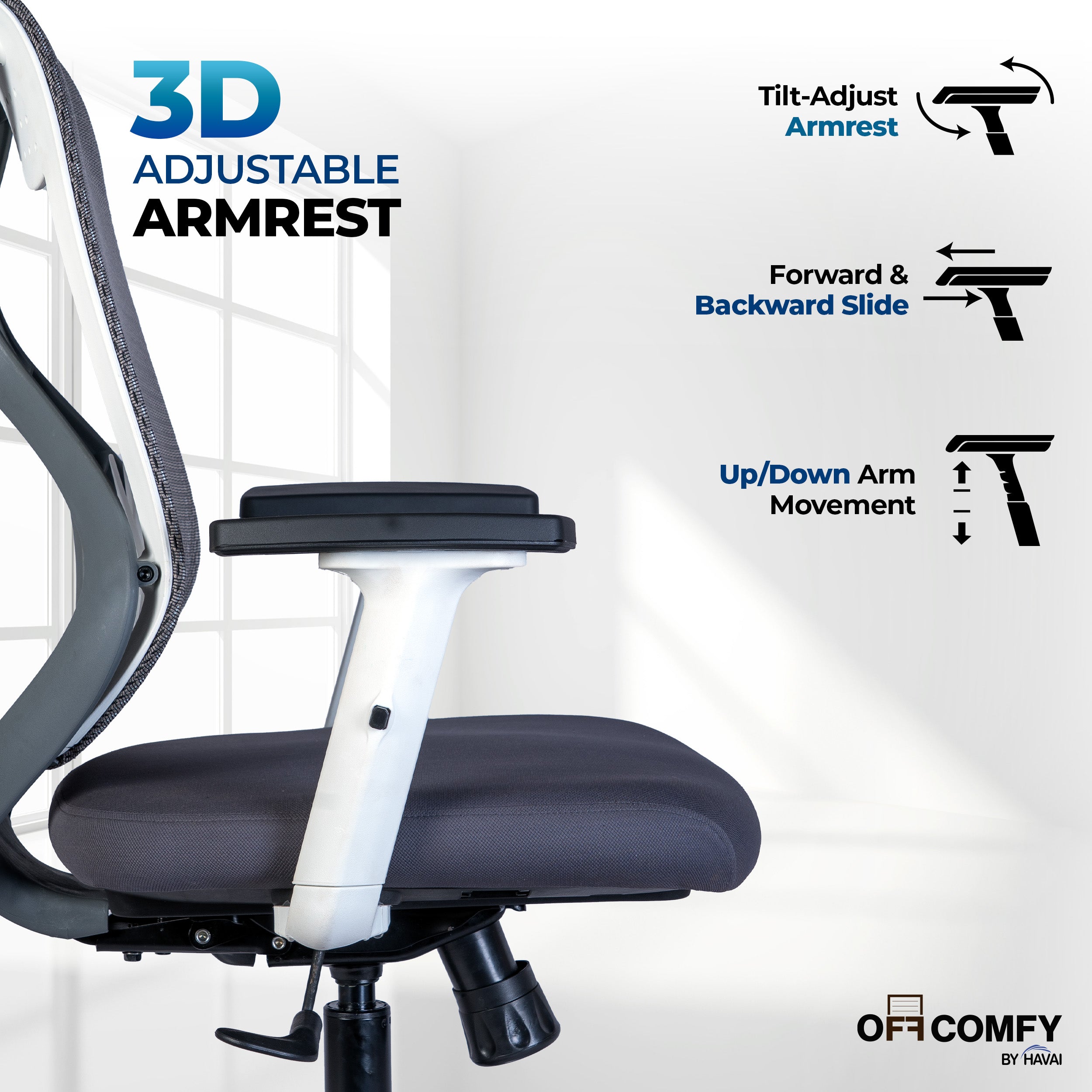 Off Comfy by HAVAI - Titan Pro Grey Chair | Korean Mesh | Headrest | 2D Arms | Lumbar | Seat Slider | Gaslift | Chrome Base | 60mm Castors