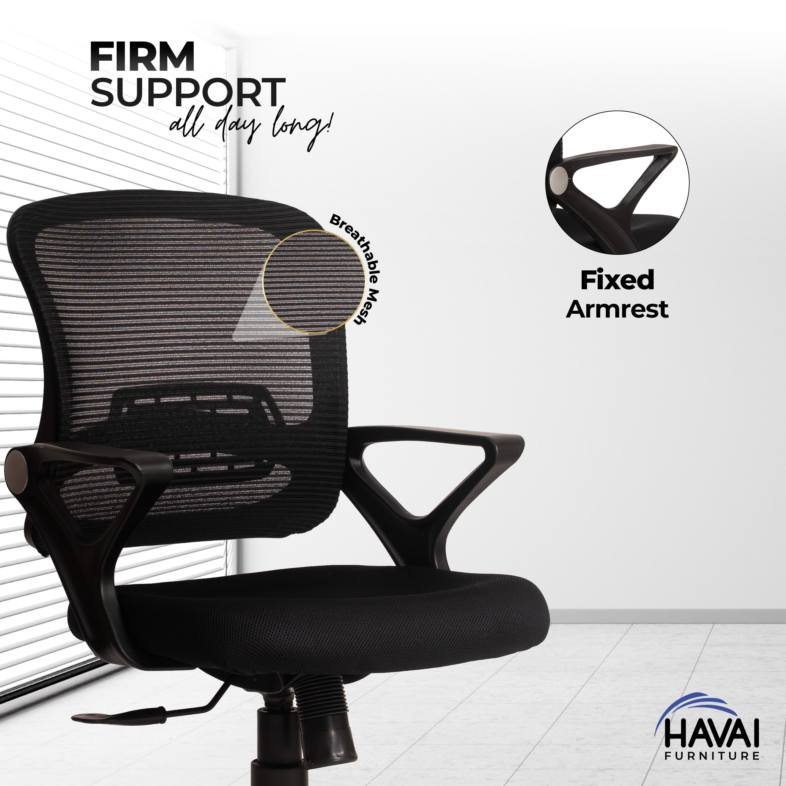 HAVAI Flame Back Low Back Ergonomic Mesh Office Chair | Single Lock Tilt Mechanism | Mild Steel EPC Base | Class 4 Gaslift | Fixed Armrests | 50mm Casters | Breathable Mesh Back