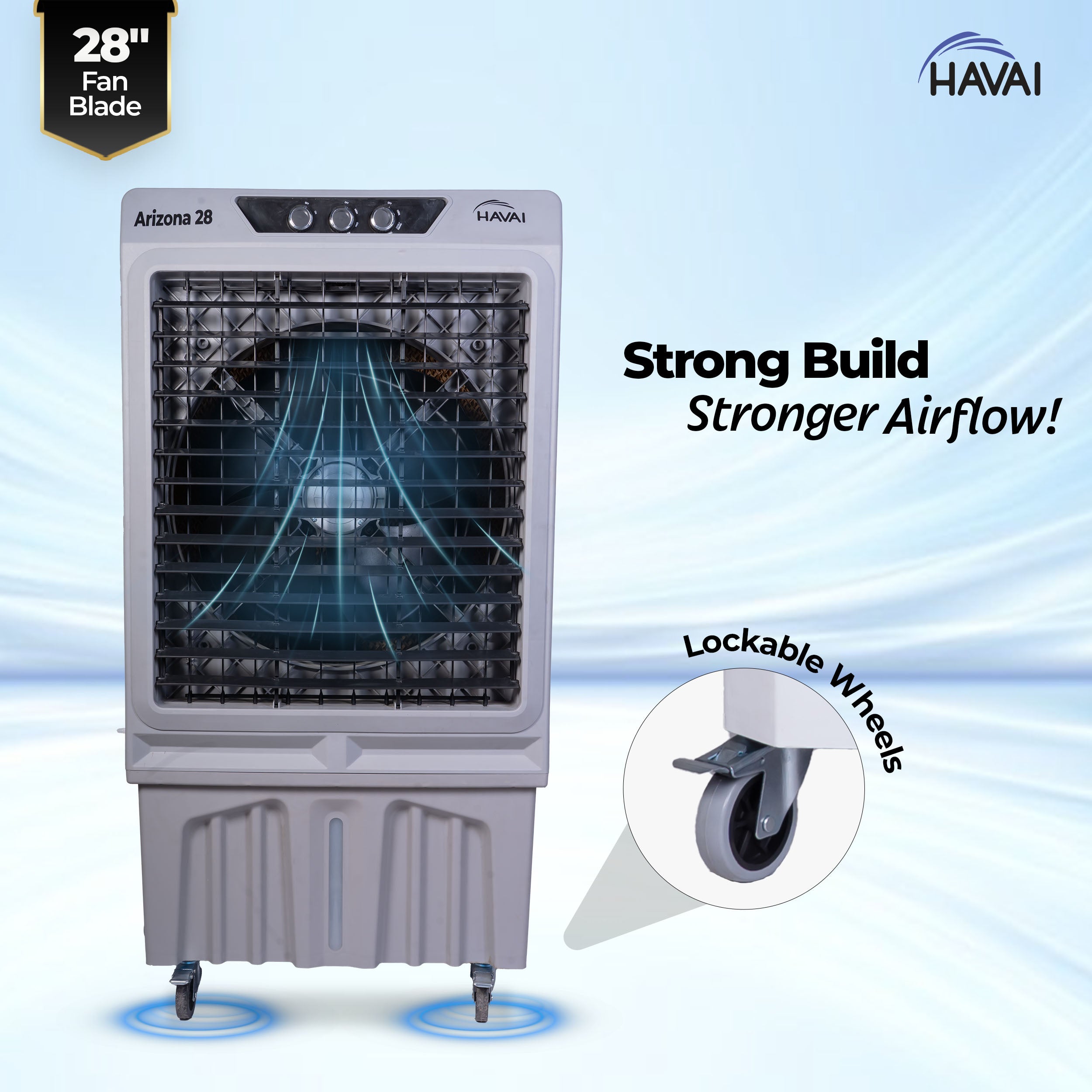 HAVAI Arizona 28 Industrial & Commercial Air Cooler | 28-Inch Engineered 3-Leaf Blade | 10,000 m³/hr Air Delivery | 150L Tank | 500W Motor | 40 Ft Air Throw | Covers 700 Sq. Ft. | Finger Pull Drain Plug | 1-Year Warranty