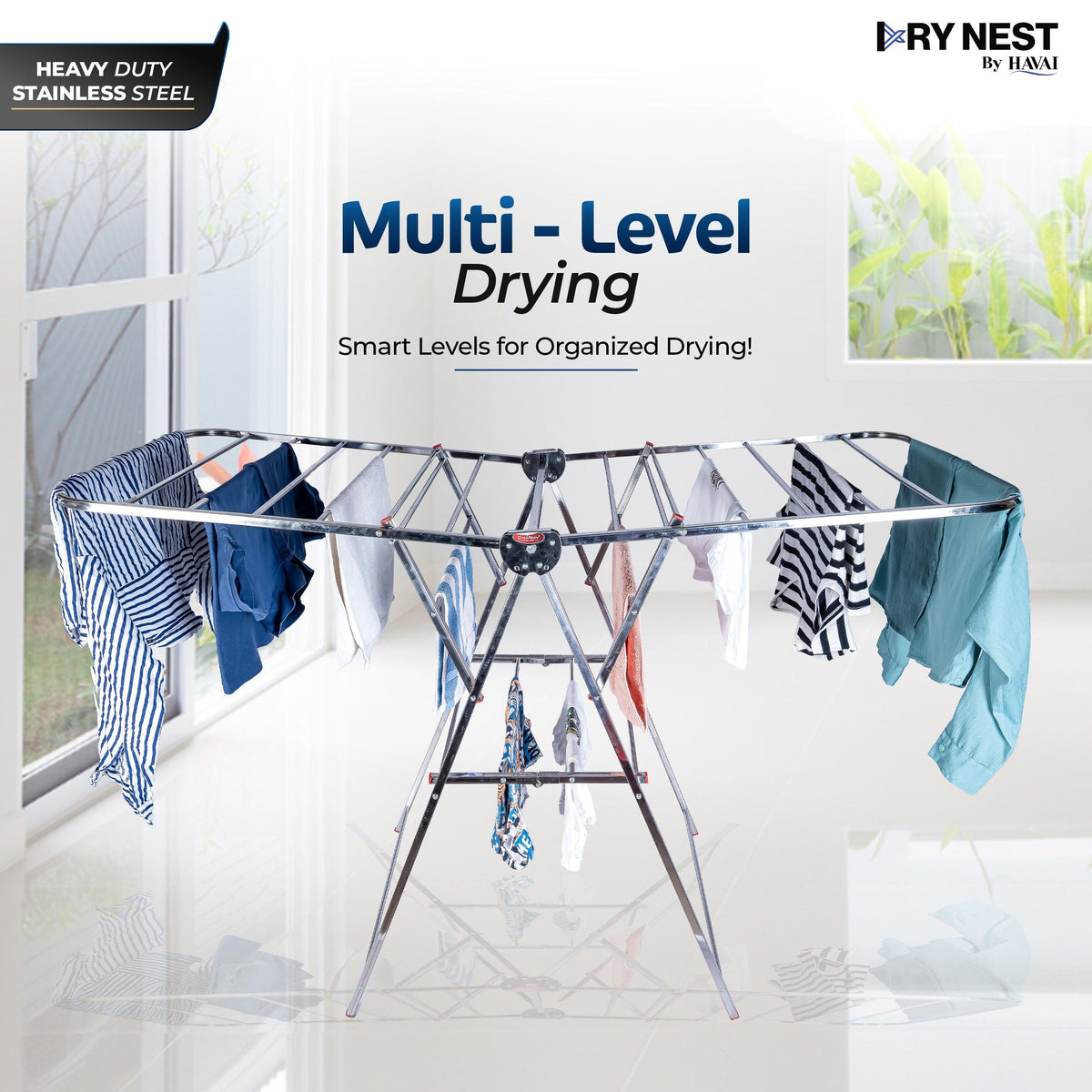 DryNest by Havai – 4.1 KG Heavy Duty Foldable Cloth Drying Stand | Premium Rust-Free Stainless Steel Laundry Rack with Strong Steel Rods | Indoor, Outdoor & Balcony Use | Portable Clothes Dryer Stand