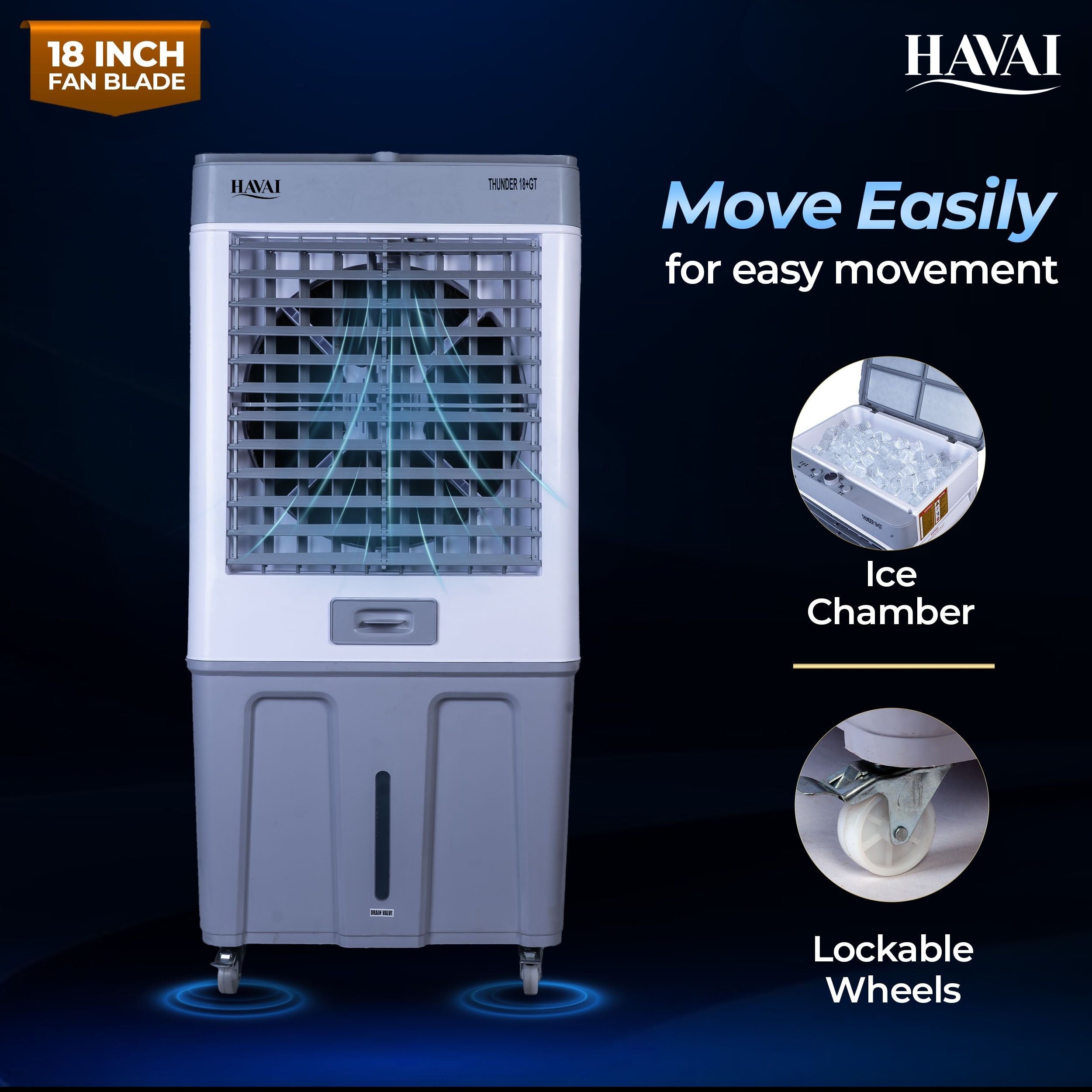 HAVAI Thunder 18+ GT Desert Cooler | 18” Aluminium Blade | 100L Tank | 3-Side Honeycomb Pads | 20 Ft Air Throw | Heavy-Duty 110mm Motor | Auto Swing | White & Grey