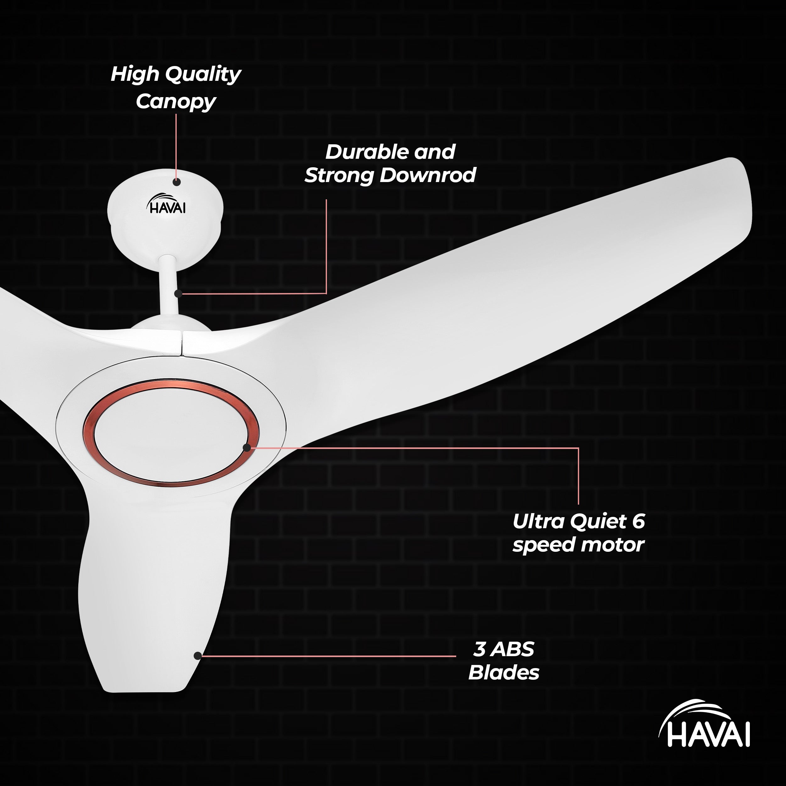 HAVAI Pristine Neo ABS Blade Ceiling Fan | 1200mm, 3 Blades, 27W | Remote Control | 2 Year Warranty | Pearl White