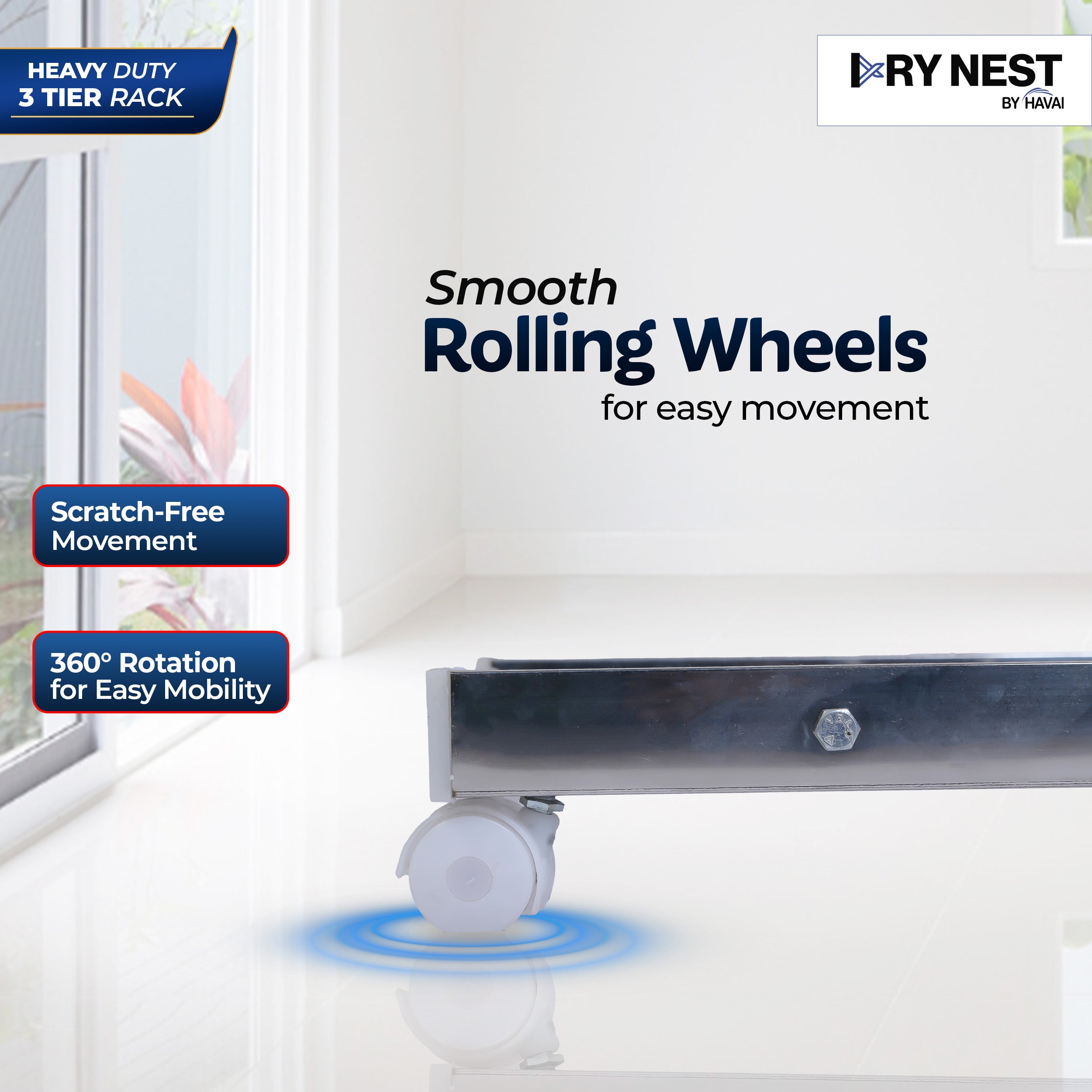 DryNest By HAVAI – Heavy Duty 3-Tier Foldable Cloth Drying Stand | Stainless Steel Rack for Indoor & Outdoor Use | Portable Clothes Stand for Balcony & Home Drying