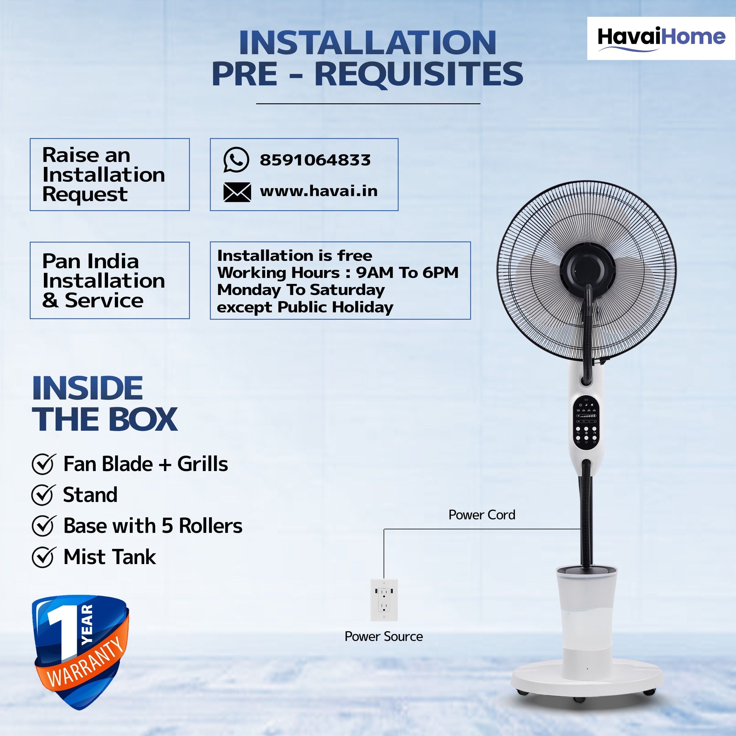 Blu Mist Pedestal Fan – 16" Residential Mist Fan | Remote Control | 2.8 Litre Tank | Installation Included (White, Pack of 1)
