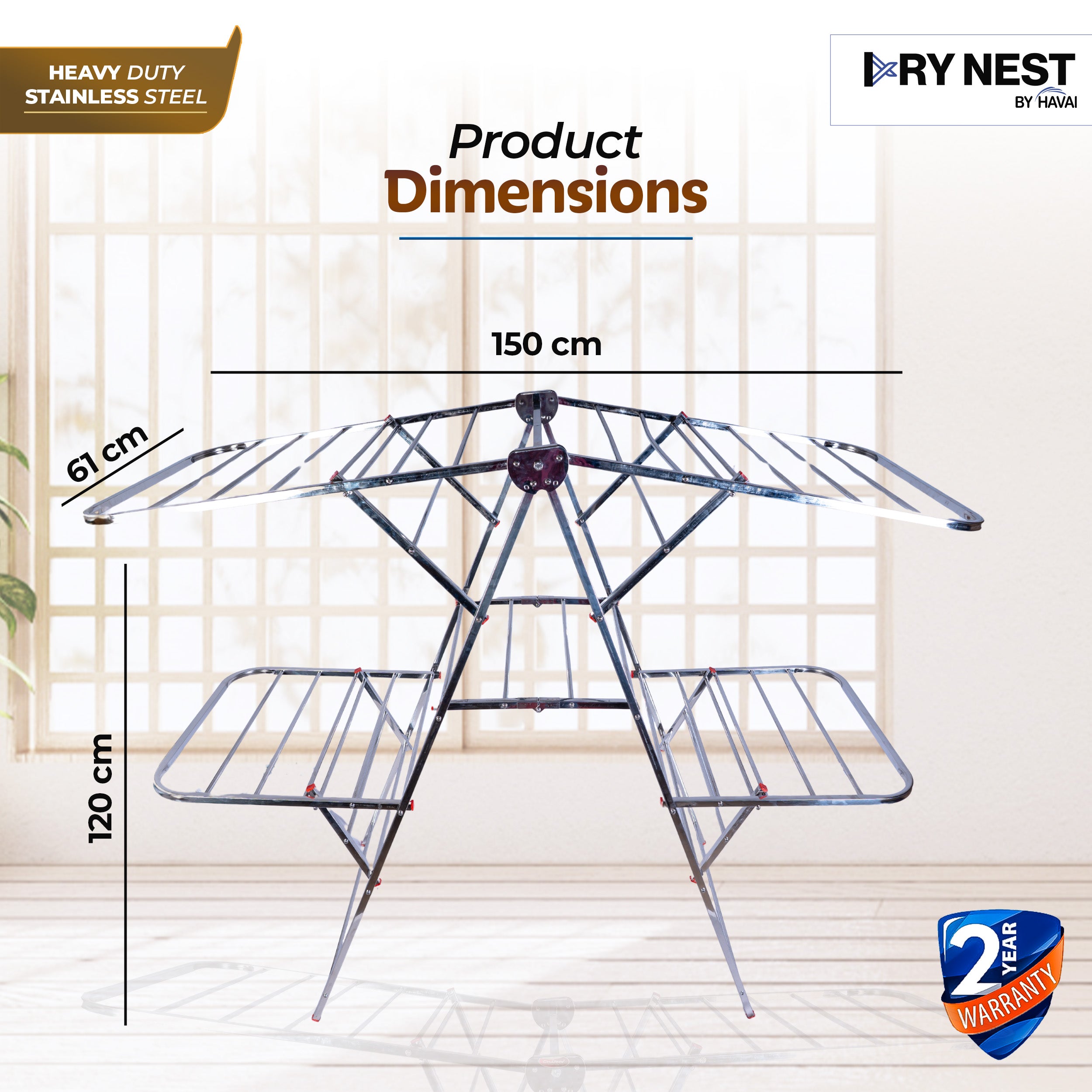 DryNest By HAVAI – Foldable Cloth Drying Stand | Double Zig-Zag Stainless Steel Dryer Rack | Space-Saving Design for Balcony, Indoor & Outdoor Use