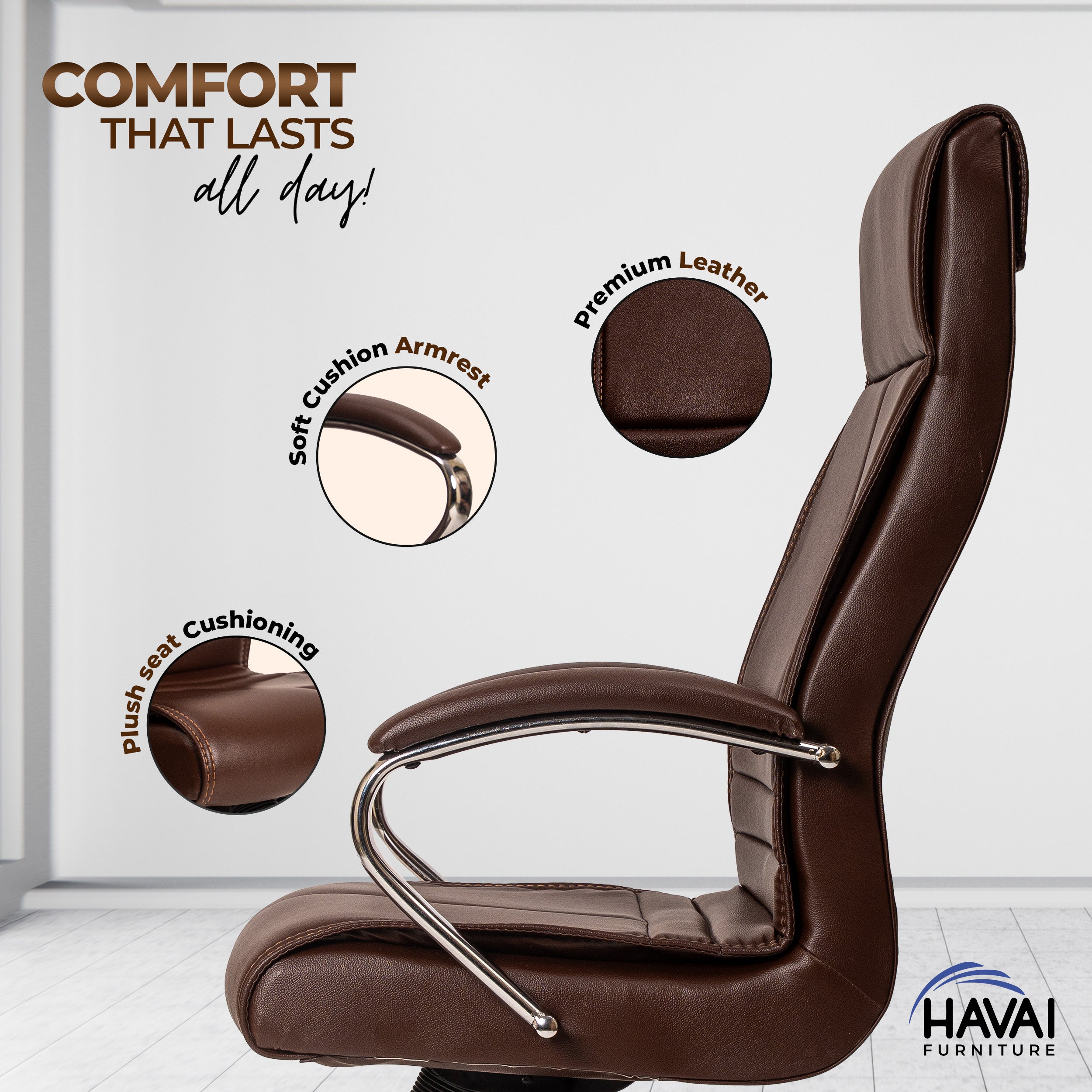 HAVAI Nova High Back Office Chair | Premium Leather | Ergonomic Executive Chair with Single Lock Tilt Mechanism | Chrome Steel Base & Arms | Class 4 Gaslift | 50mm Casters | High-Density Cushioned Seat & Back (Brown)