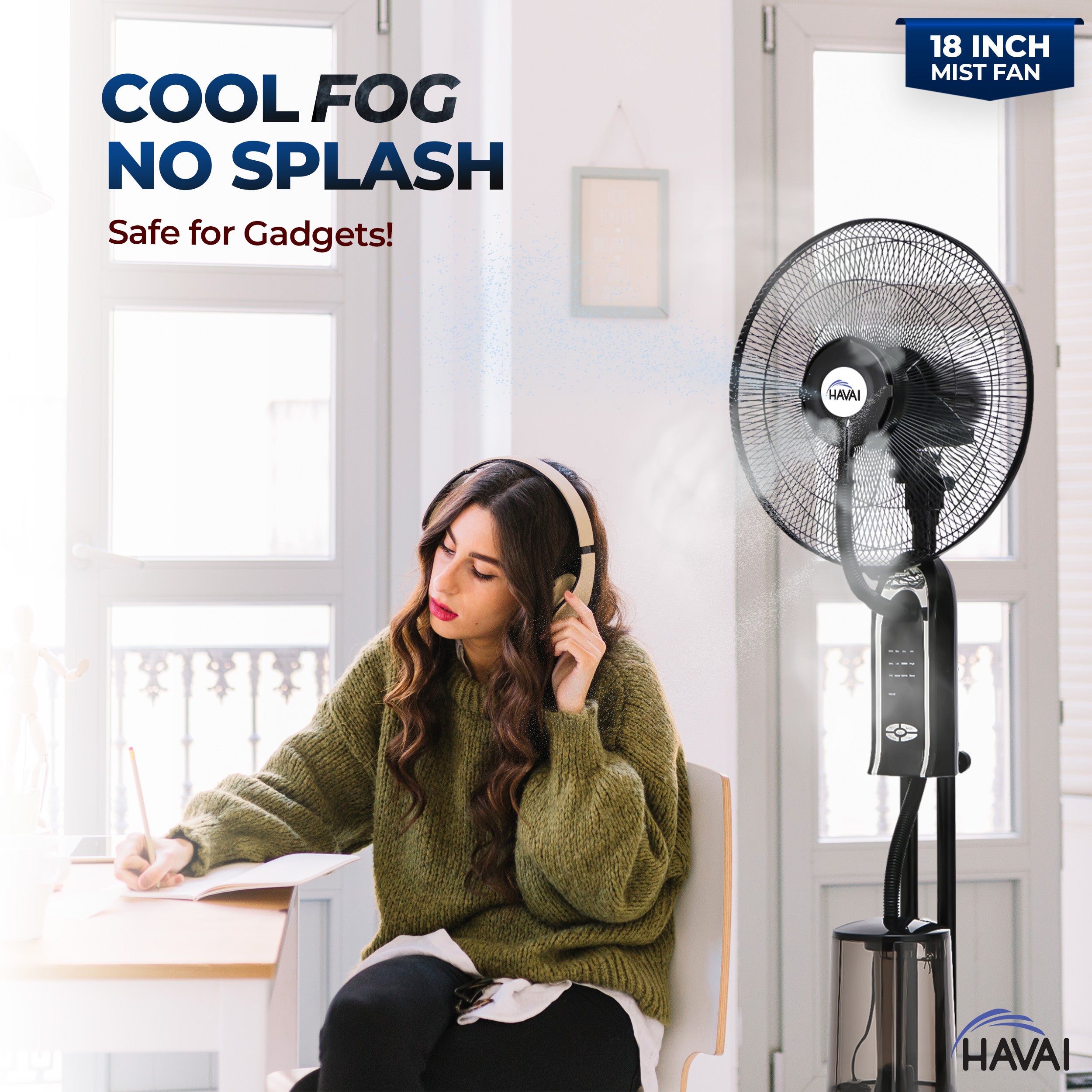 HAVAI RED 18" BLDC Mist Pedestal Fan – High-Speed, Remote & Touch Control, 3.2L Tank, 80W Power, 350 Sq Ft Coverage, Easy Install, Black (Copy)