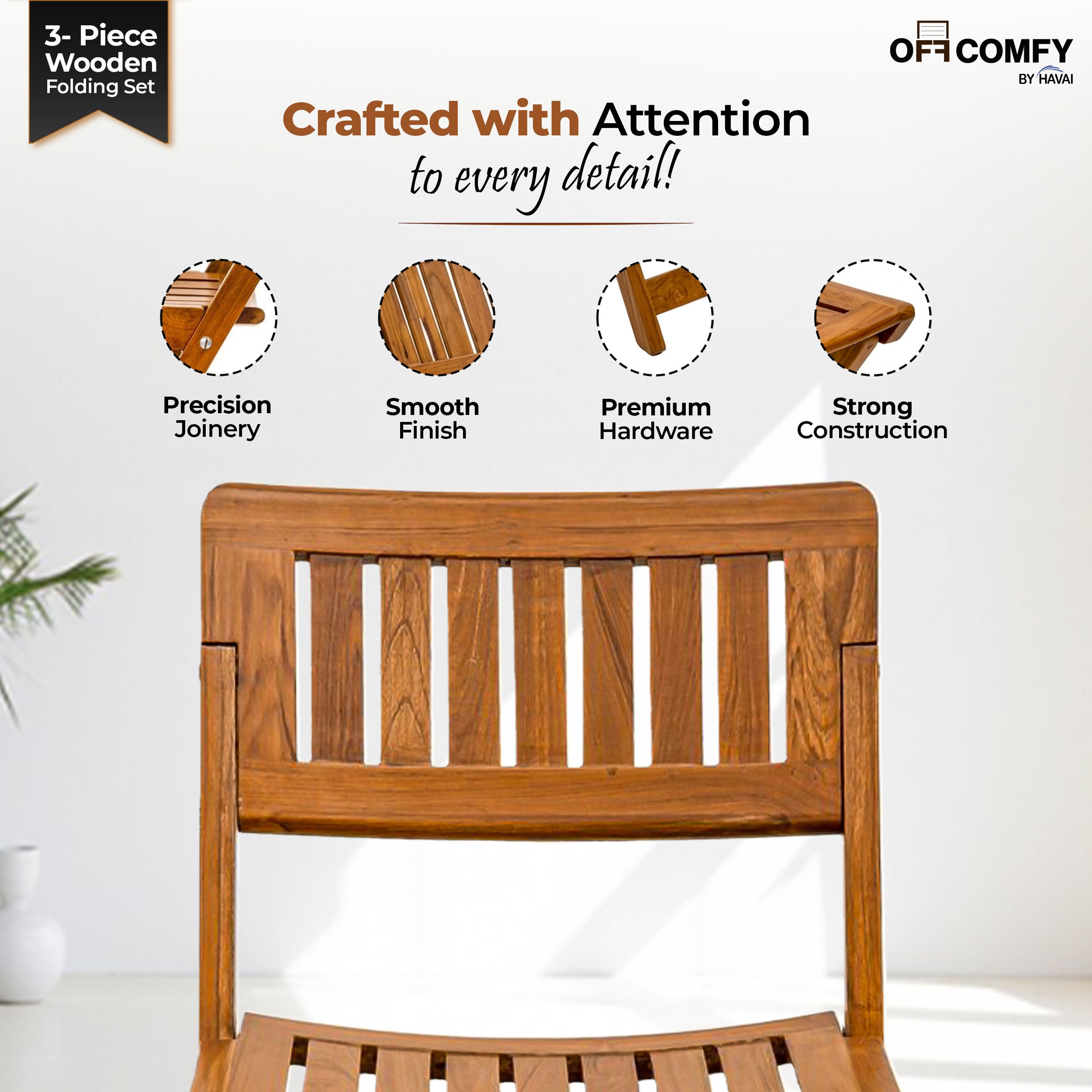 HAVAI Teakwood Foldable Balcony Furniture Set | 2 Chairs & 1 Table | Premium Solid Teak Wood Outdoor Patio Set | Garden, Balcony, Terrace & Cafe Furniture | Pre-Assembled Natural Wood Finish (BROWN)