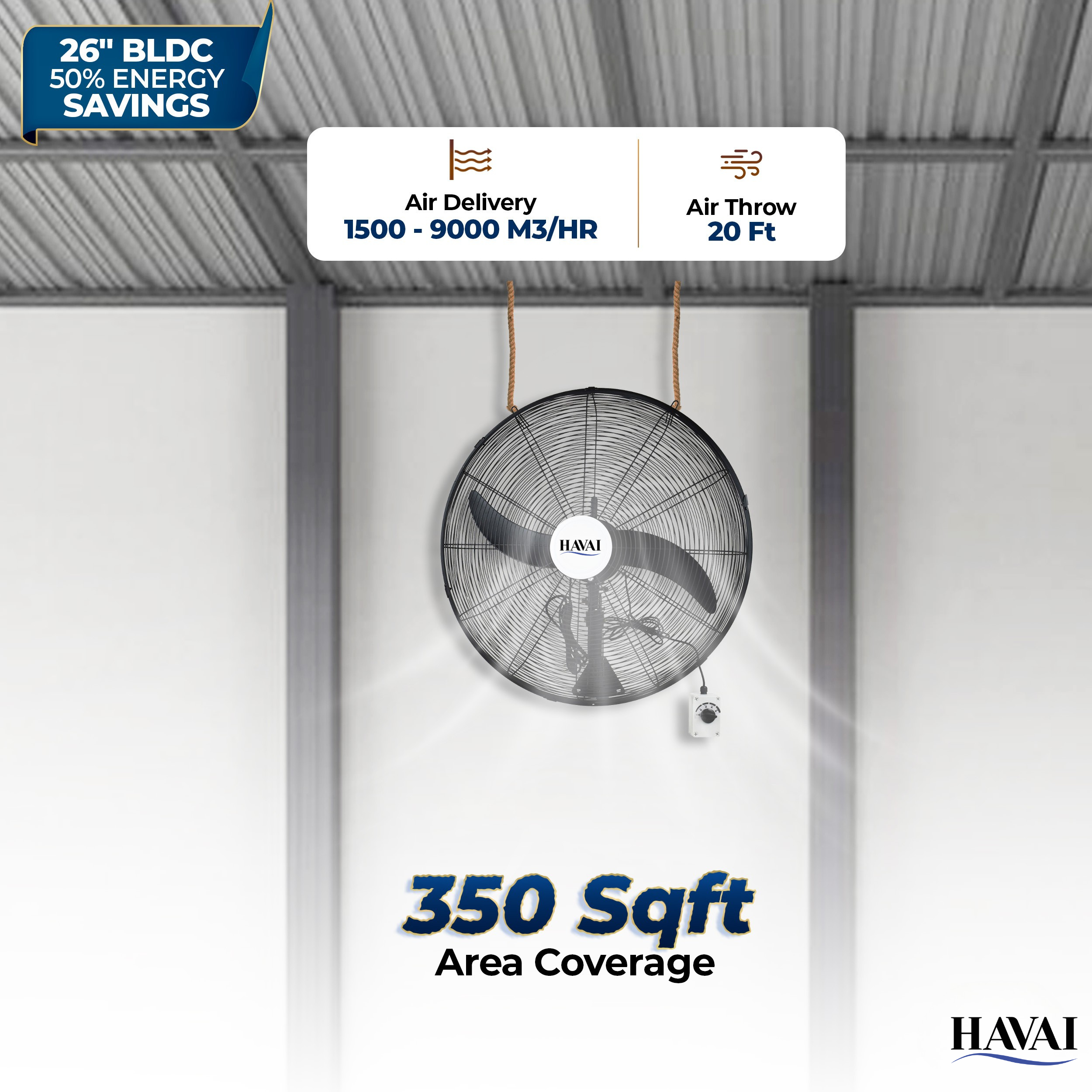 BLDC Wall Mount Fan 26 inch, 50% Savings on Electricity, High Velocity, Heavy Duty Metal for Industrial, Commercial and Residential Use, Assembly Included