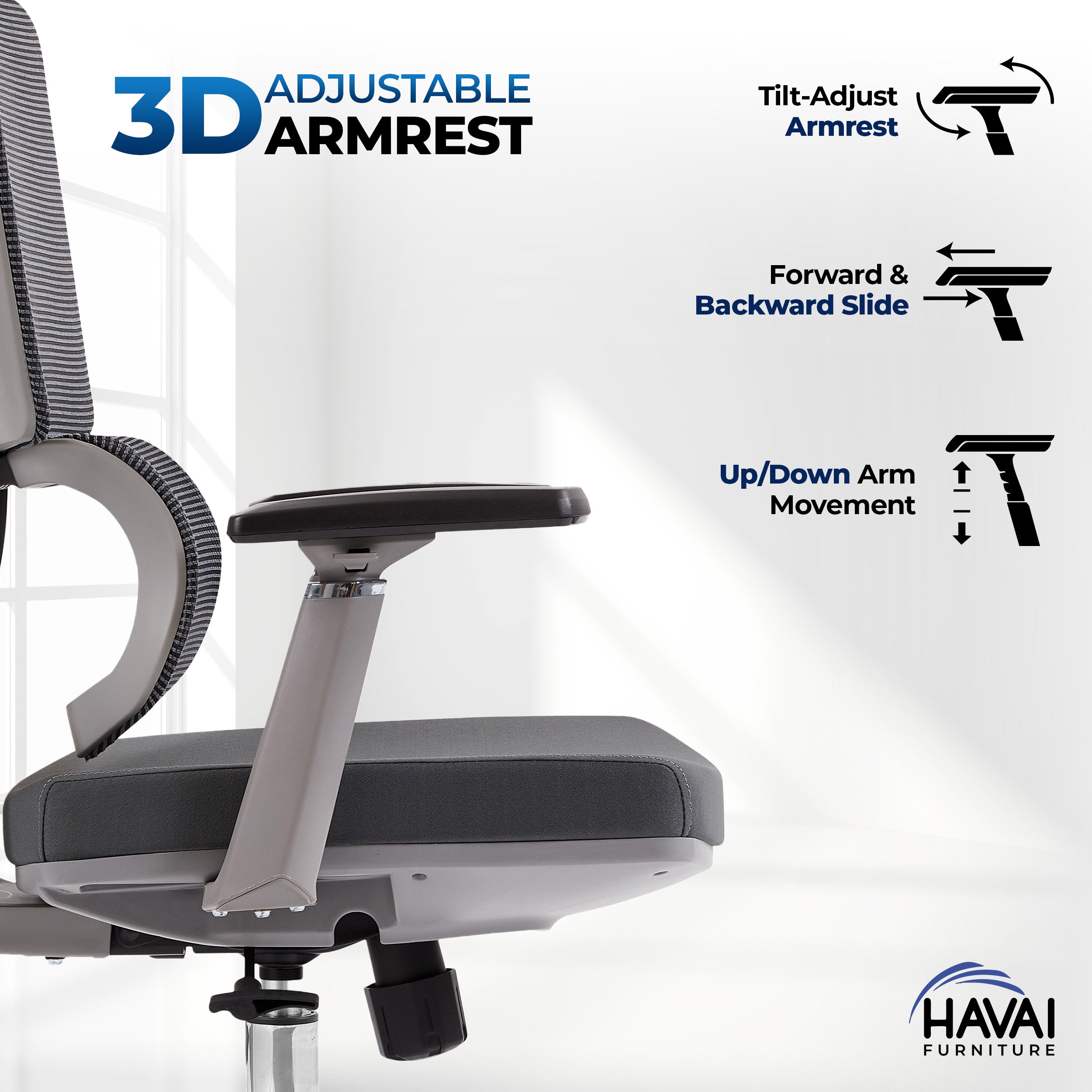 HAVAI Neo High Back Ergonomic Mesh Office Chair | Multi-Lock Mechanism | Chrome Base | 3D Armrests with PU Pads | Adjustable Headrest | Breathable Mesh Back (Grey)