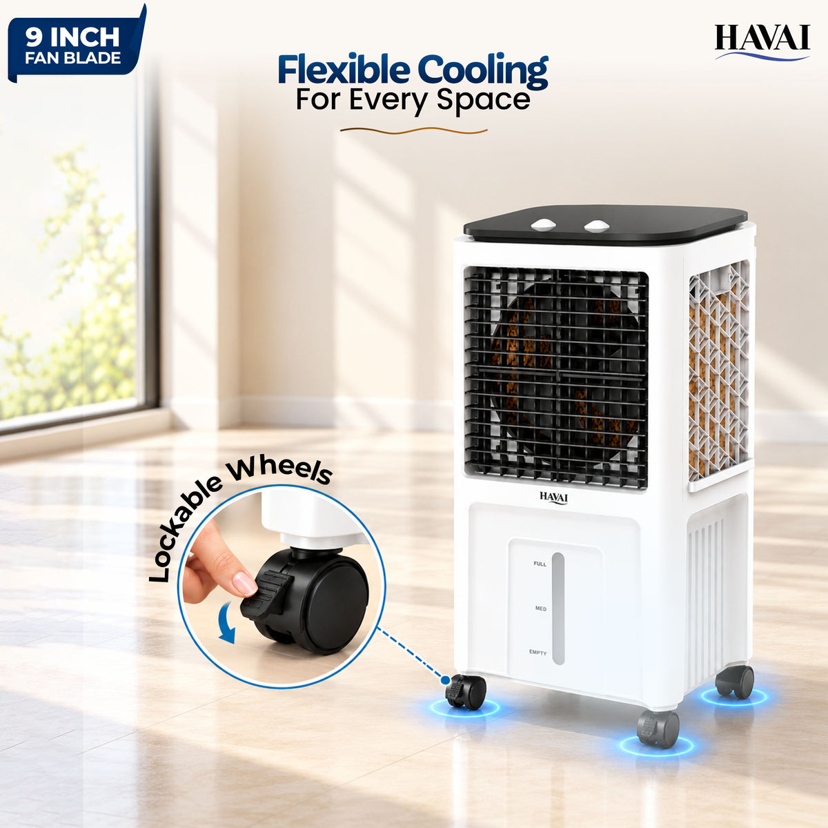 Havai Elite 9 Personal Air Cooler, 35L Tank, 3-Side Honeycomb, Glass Top 9-inch blade, 1800 CMH, 5-ft air throw, 75W power