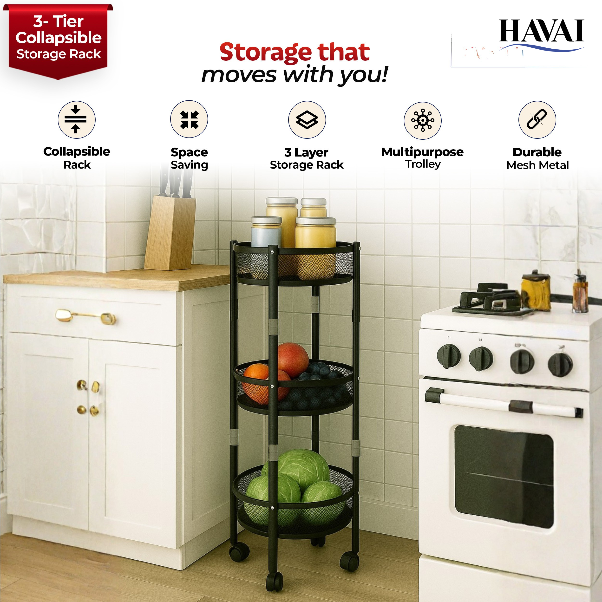 Havai 3 Tier Collapsible Storage Rack Trolley | Portable Mesh Basket Organizer with Wheels | Foldable Kitchen, Bathroom & Bedroom Utility Cart for Home – Black