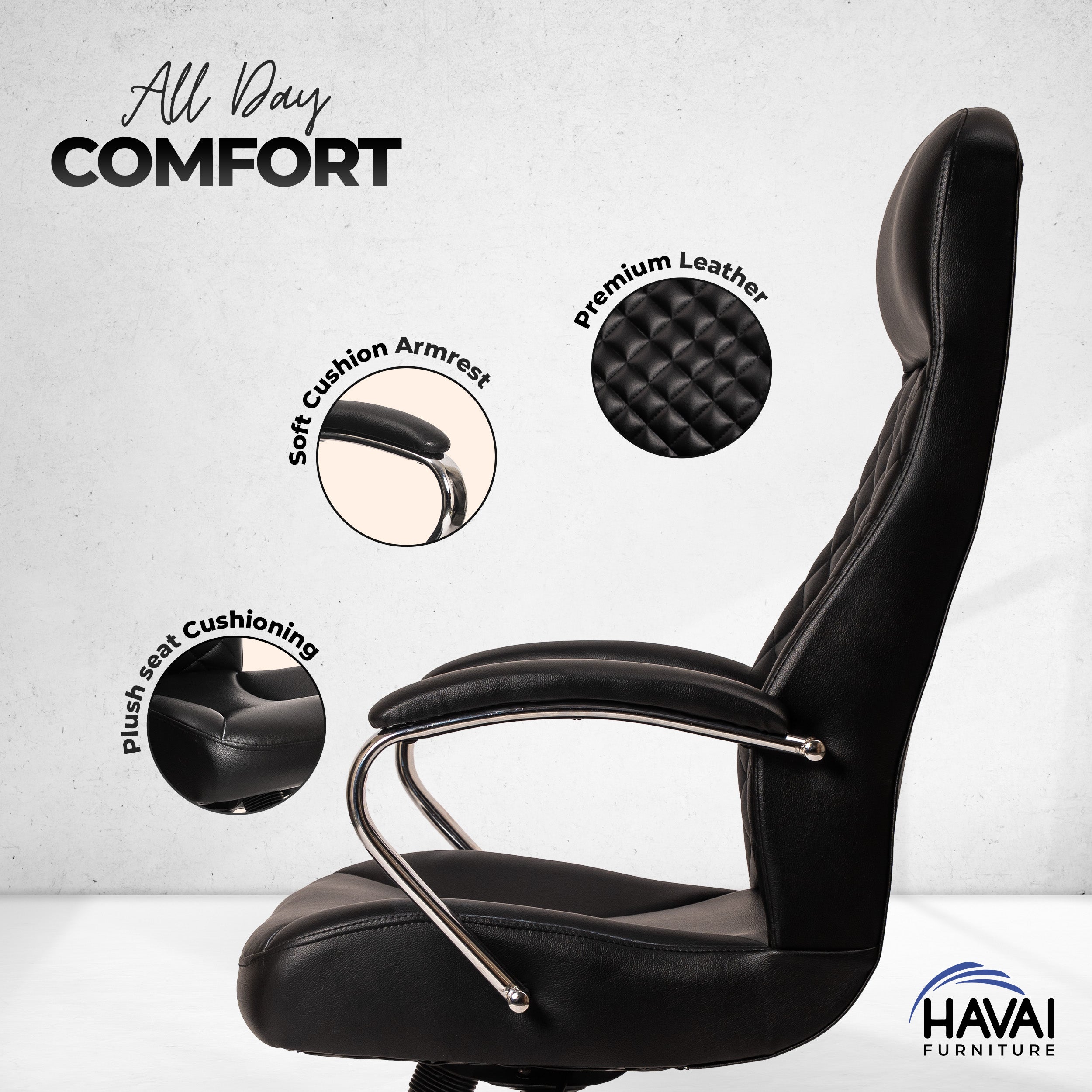 HAVAI Prime High Back Office Chair | Ergonomic Executive Chair | Premium Leather | Single Lock Tilt Mechanism | Mild Steel Chrome Base & Arms | Class 4 Gaslift | 50mm Casters | High-Density Back & Seat Cushion (Black)