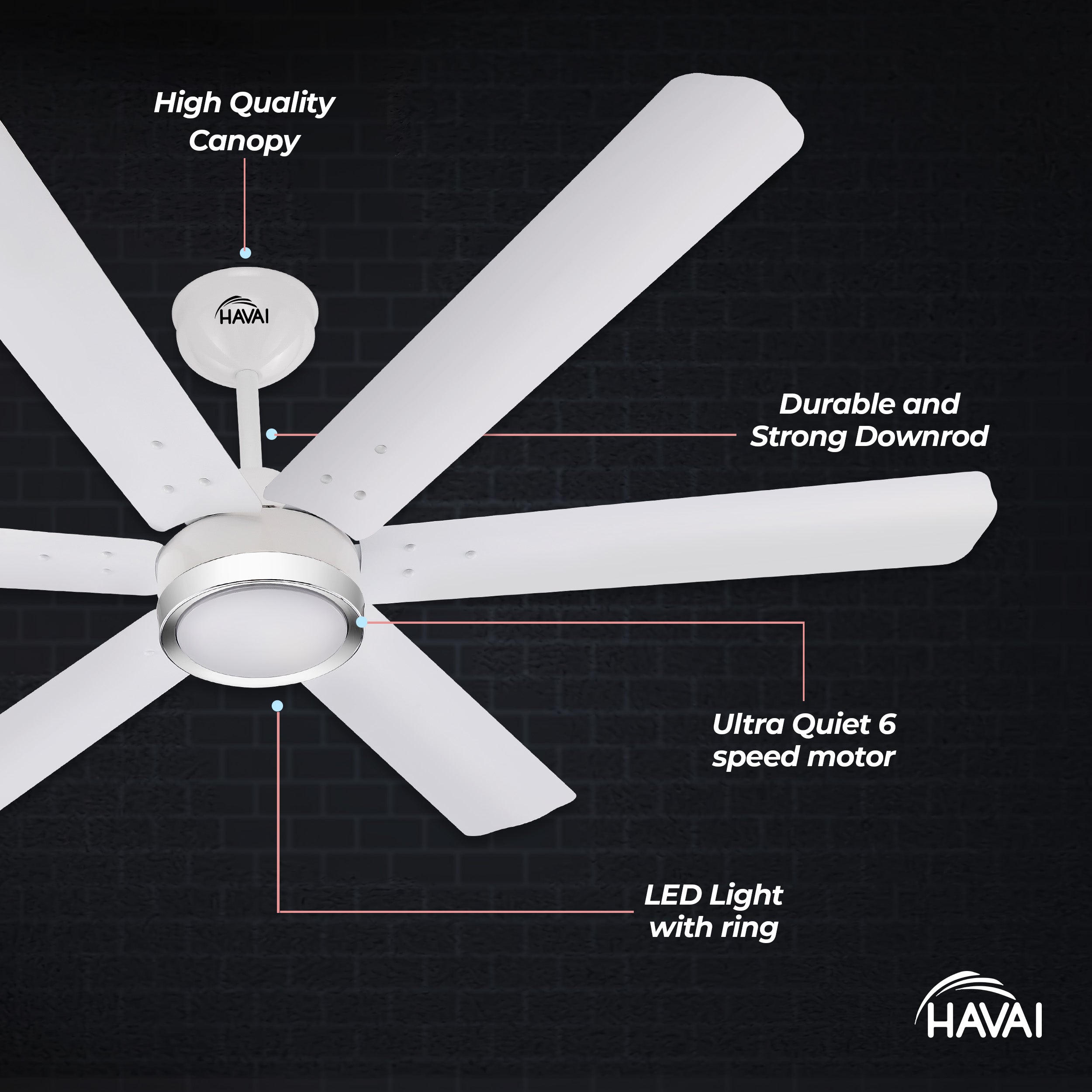 HAVAI Spinel BLDC Ceiling Fan with Decorative Ring | 1200mm, 6 Blades, 25W | Remote Control & 9W LED Light | 2 Years Warranty | Pearl White