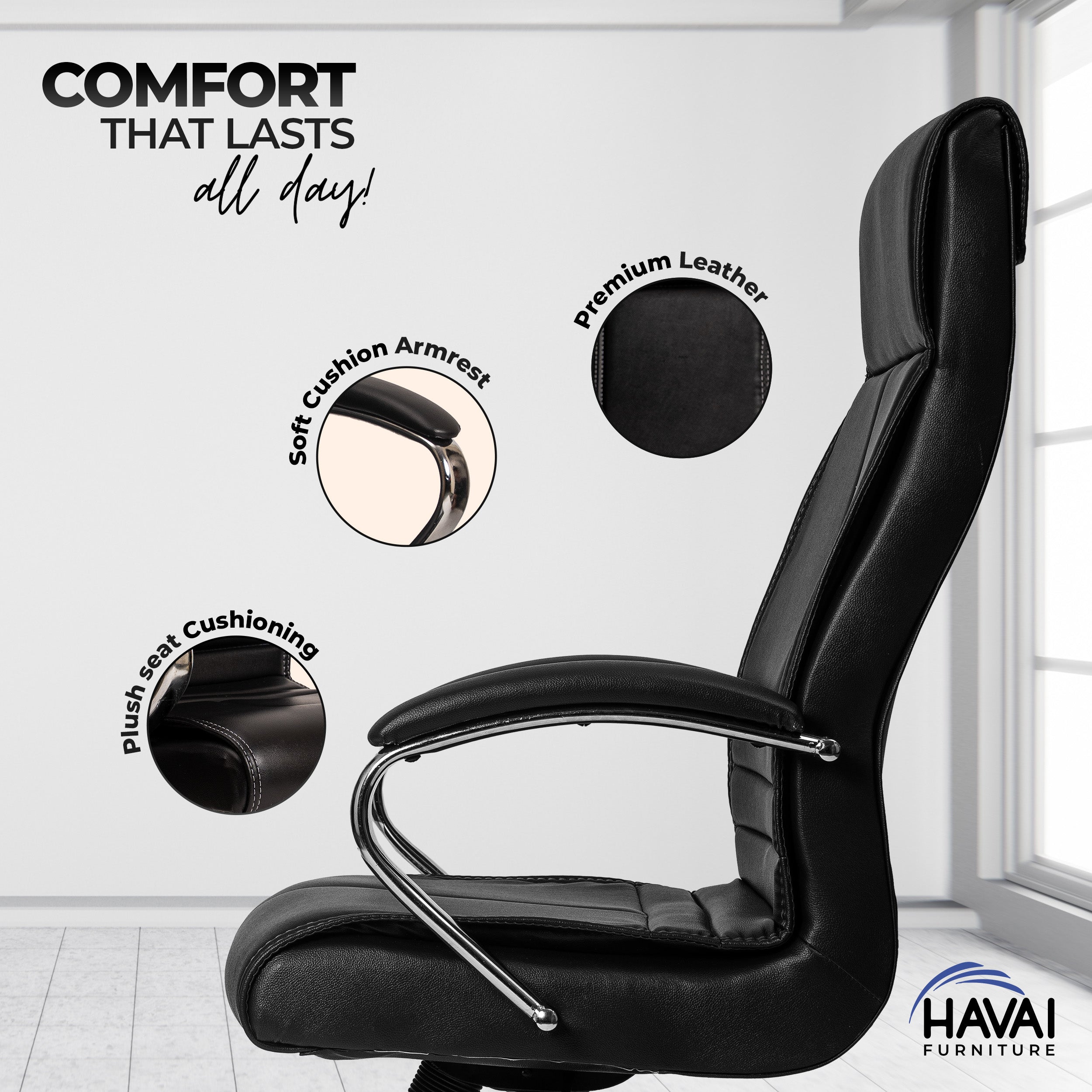 HAVAI Nova High Back Office Chair | Premium Leather | Ergonomic Executive Chair with Single Lock Tilt Mechanism | Chrome Steel Base & Arms | Class 4 Gaslift | 50mm Casters | High-Density Cushioned Seat & Back (Black)