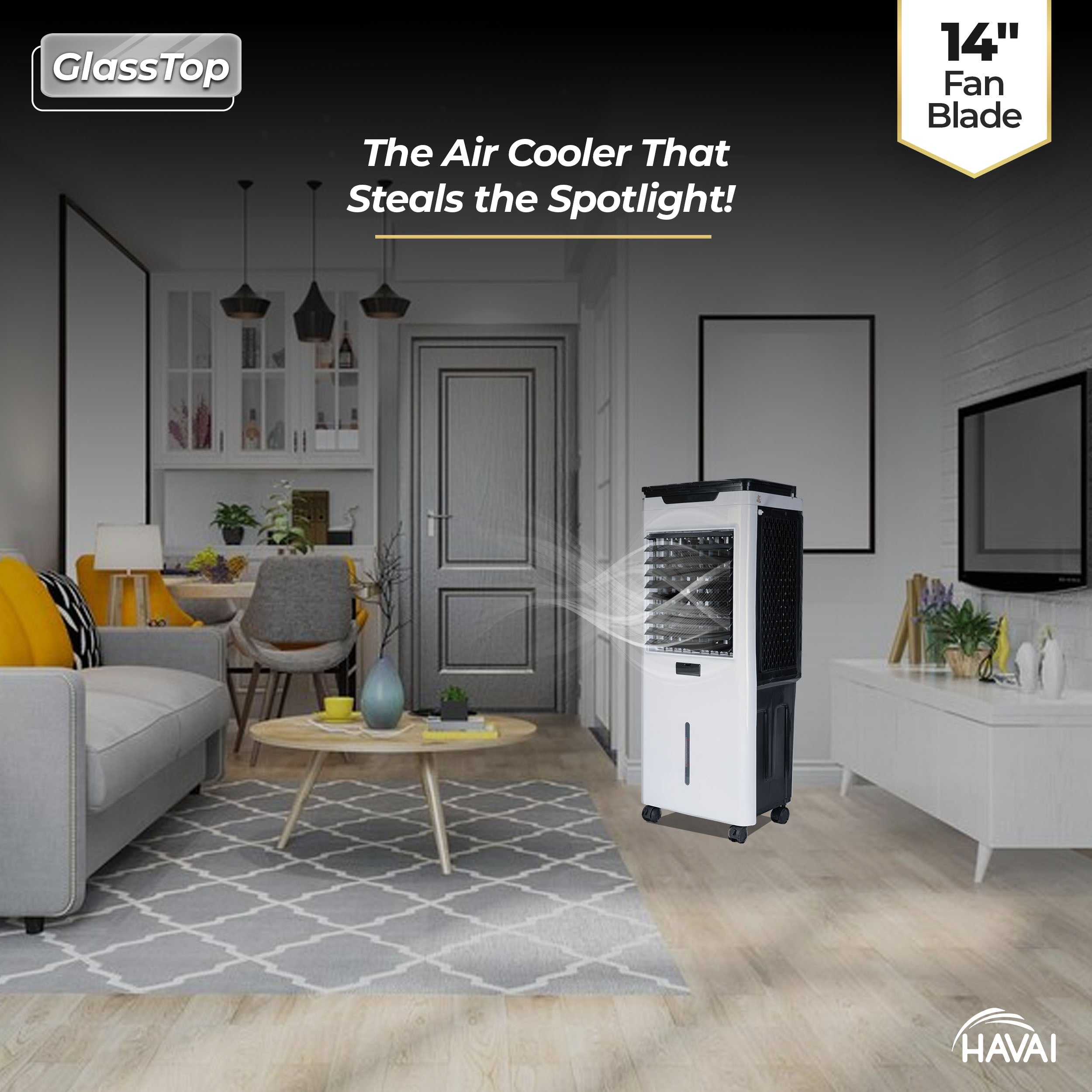 HAVAI Premium Glass Top GT 14 Air Cooler | 60L Tank Capacity | 14" Fan Blade | 170W Power | 20ft Air Throw | 3-Side Honeycomb Cooling | Sleek Glass Top Design | 4 Castor Wheels