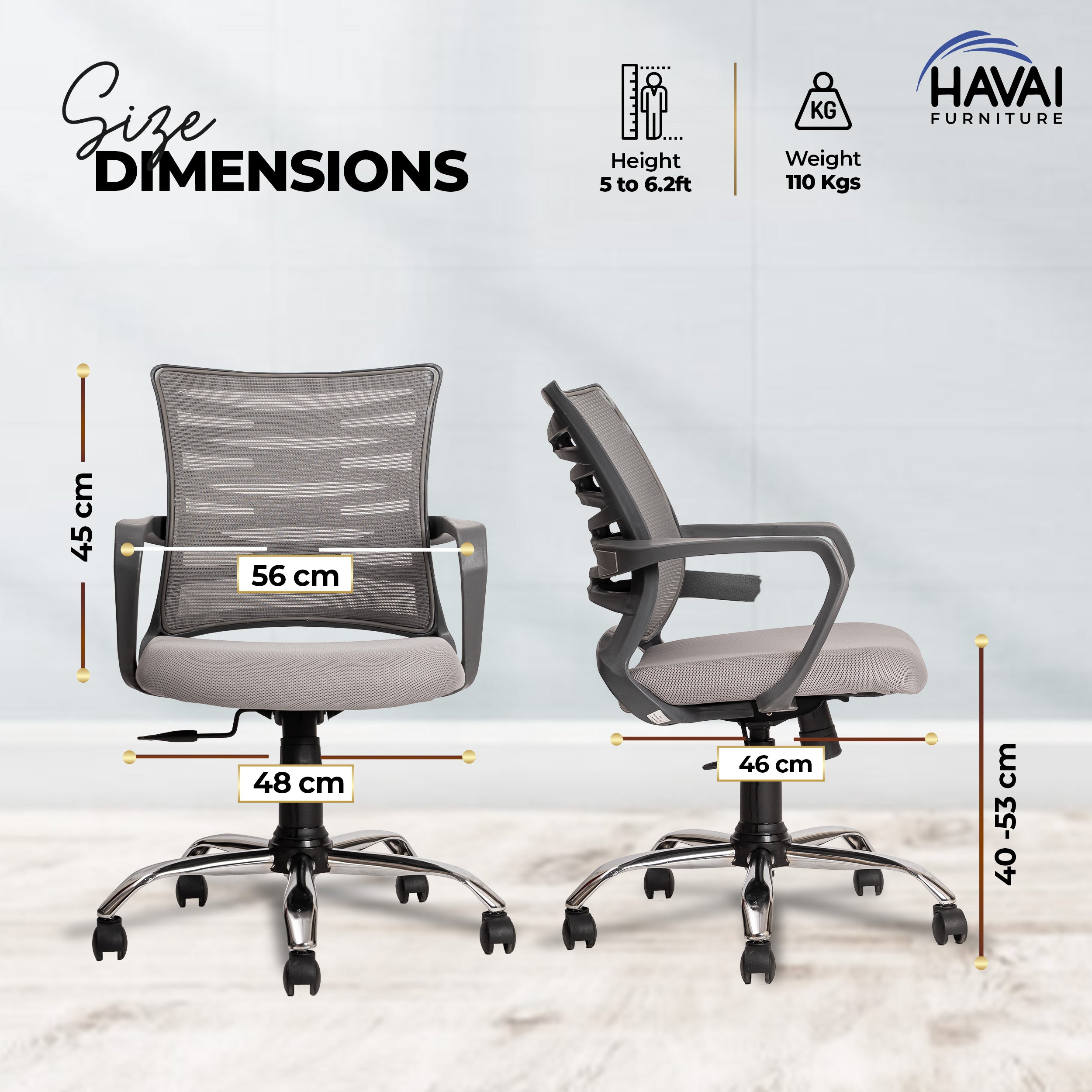 HAVAI Navy Grey Low Back Ergonomic Mesh Office Chair | Single Lock Tilt Mechanism | Mild Steel EPC Base | Class 4 Gaslift | Fixed Armrests | 50mm Casters | Breathable Mesh Back