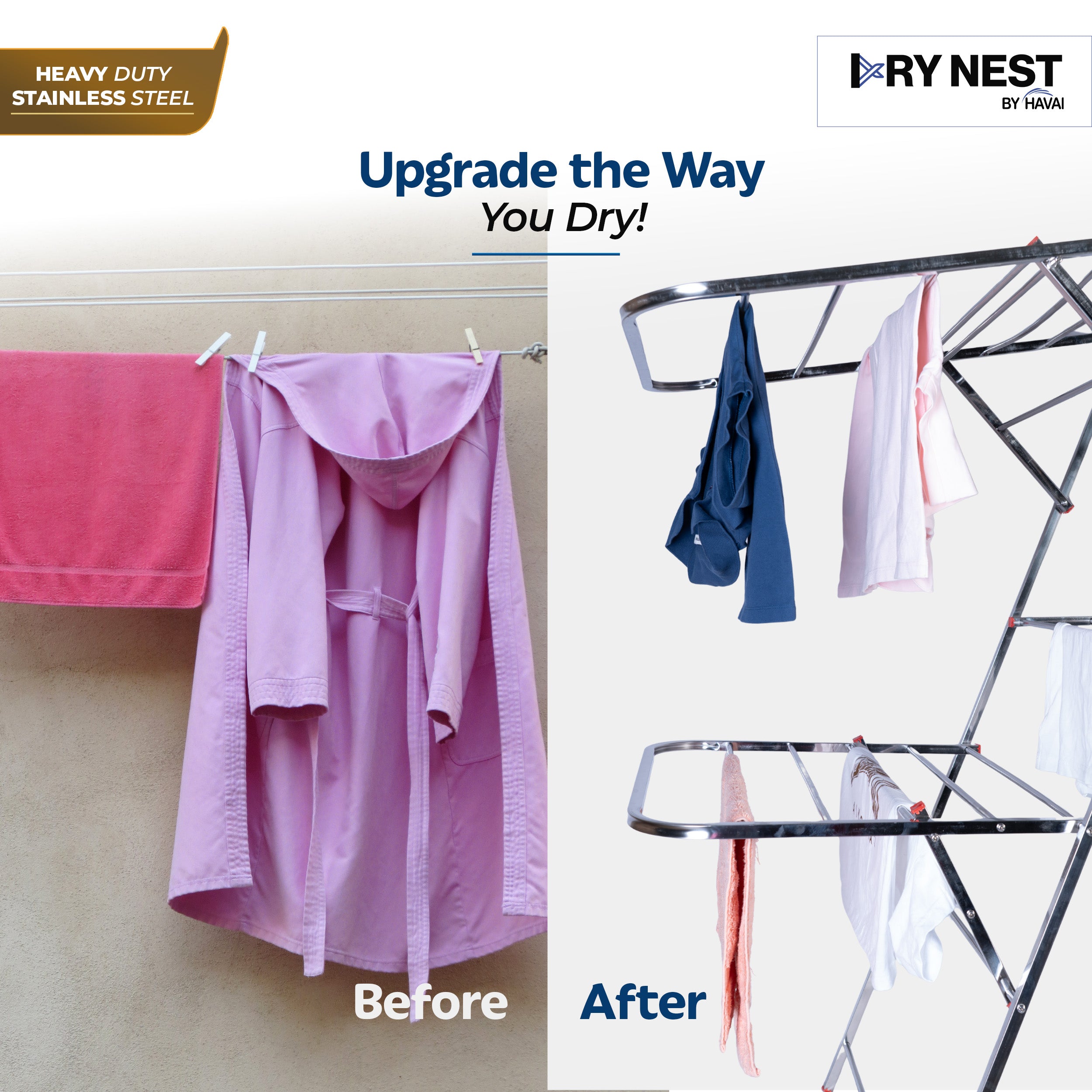 DryNest By HAVAI – Foldable Cloth Drying Stand | Double Zig-Zag Stainless Steel Dryer Rack | Space-Saving Design for Balcony, Indoor & Outdoor Use