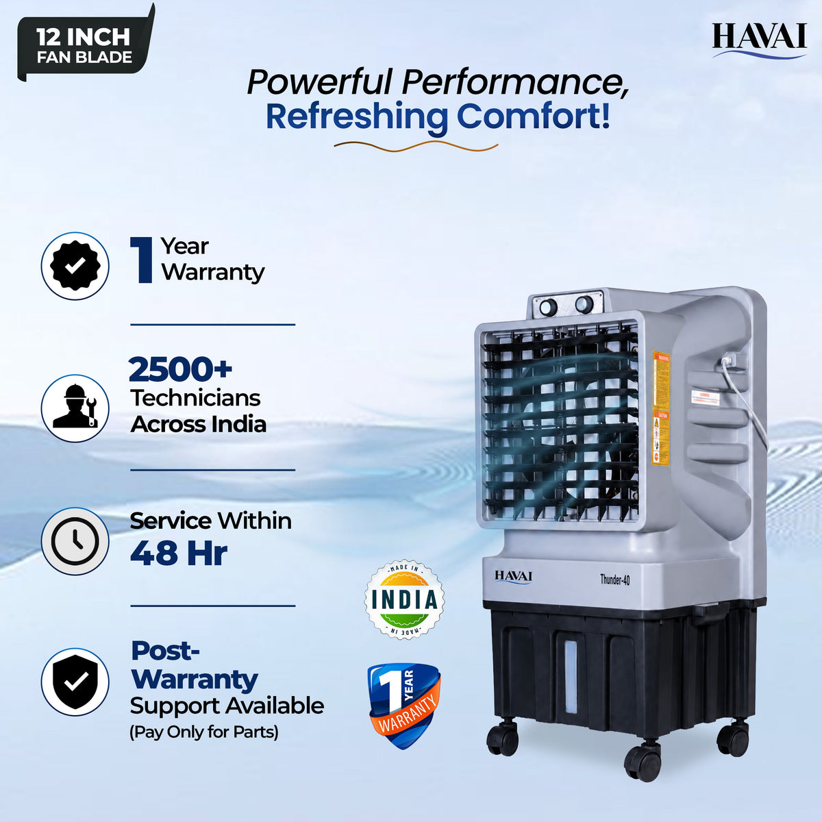 Thunder 12 inch Tower Air Cooler | 40L Tank |150 sq ft Rooms |10 ft Throw | 12-Inch Fan Blade | 40L Large Tank | Honeycomb Pad | 10 Ft Air Throw | 1 Year On-Site Warranty| Auto Louver | 3 Speed