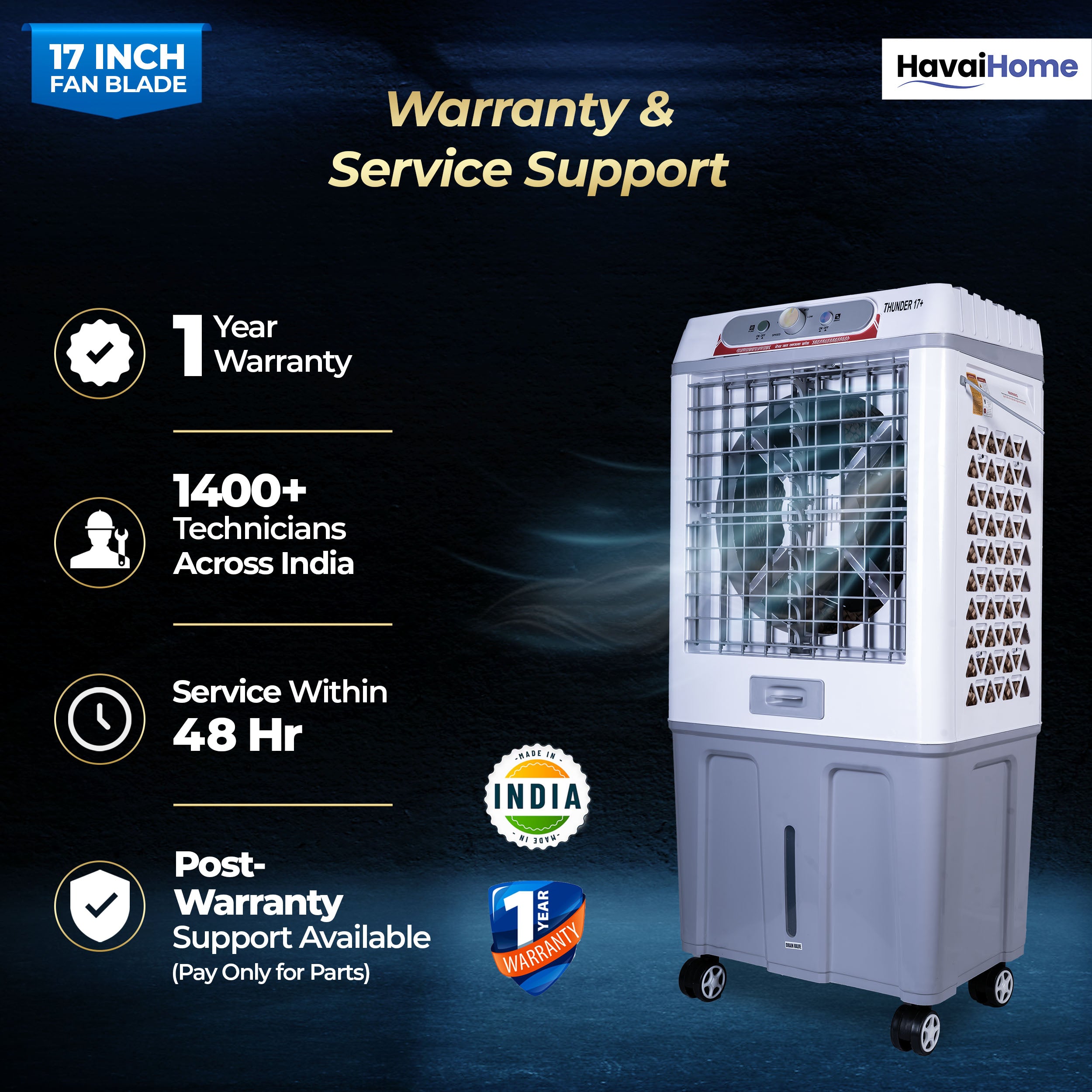 HAVAI Thunder 17+ Desert Cooler | 100L Tank | 17-Inch Fan Blade | 3-Side Honeycomb Pads | Heavy-Duty 110 Dia 32mm Motor | Auto Swing | 1-Year Motor Warranty & Post-Warranty Service | White & Brown