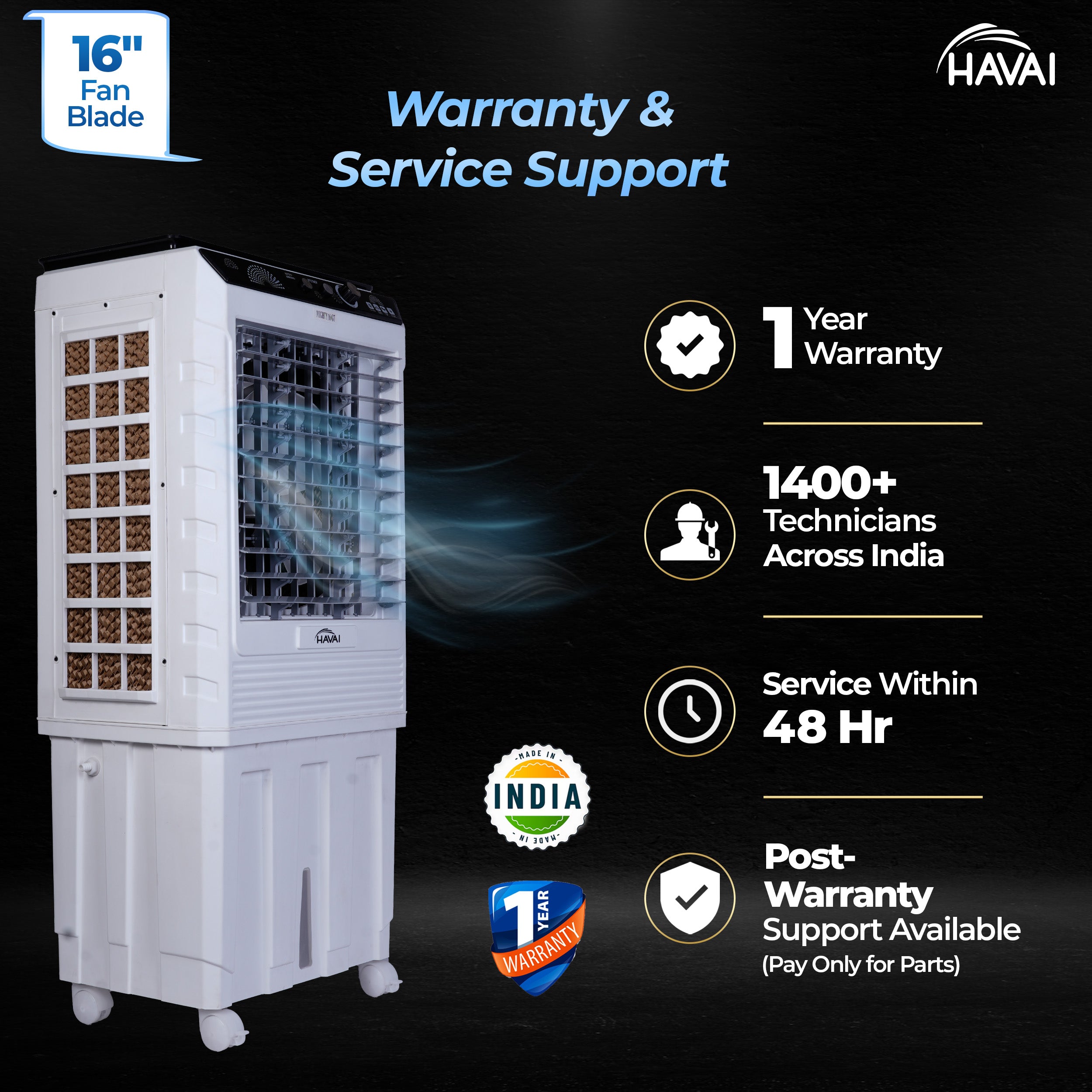 HAVAI Mighty 16 GT Glass Top Desert Air Cooler for Home & Commercial Use | 16 Inch Fan, 100L Tank, 5190 m³/hr Air Delivery | 350 Sq Ft Coverage | Honeycomb Pads, Aluminium Motor, Low Noise | White & Grey