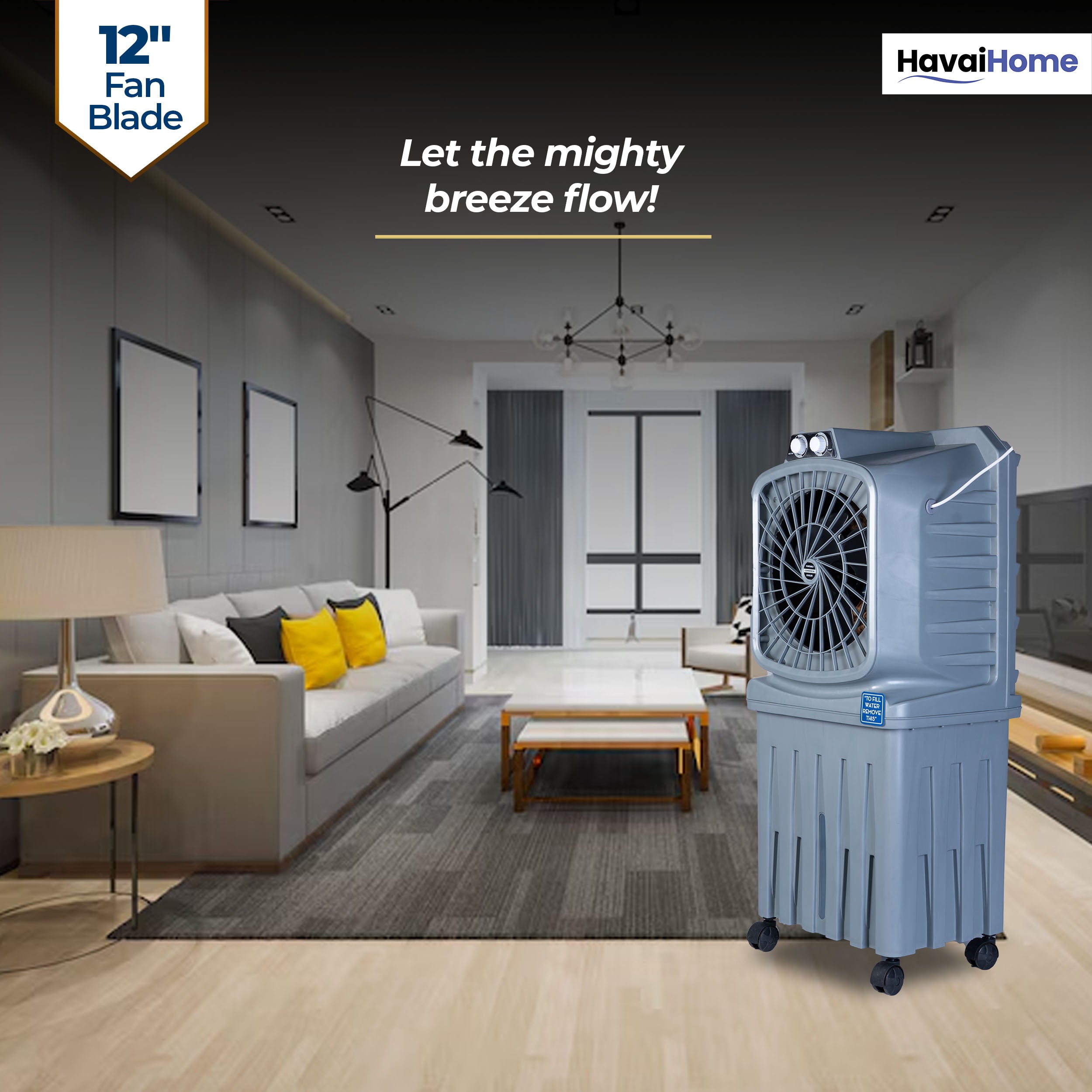 Mighty 12 Personal Air Cooler | 12 inch Blade | 50L Tank Capacity, 120W Power, 200 Sq. Ft. Area Coverage | 15 Ft. Air Throw, 3-Speed Control, Grey
