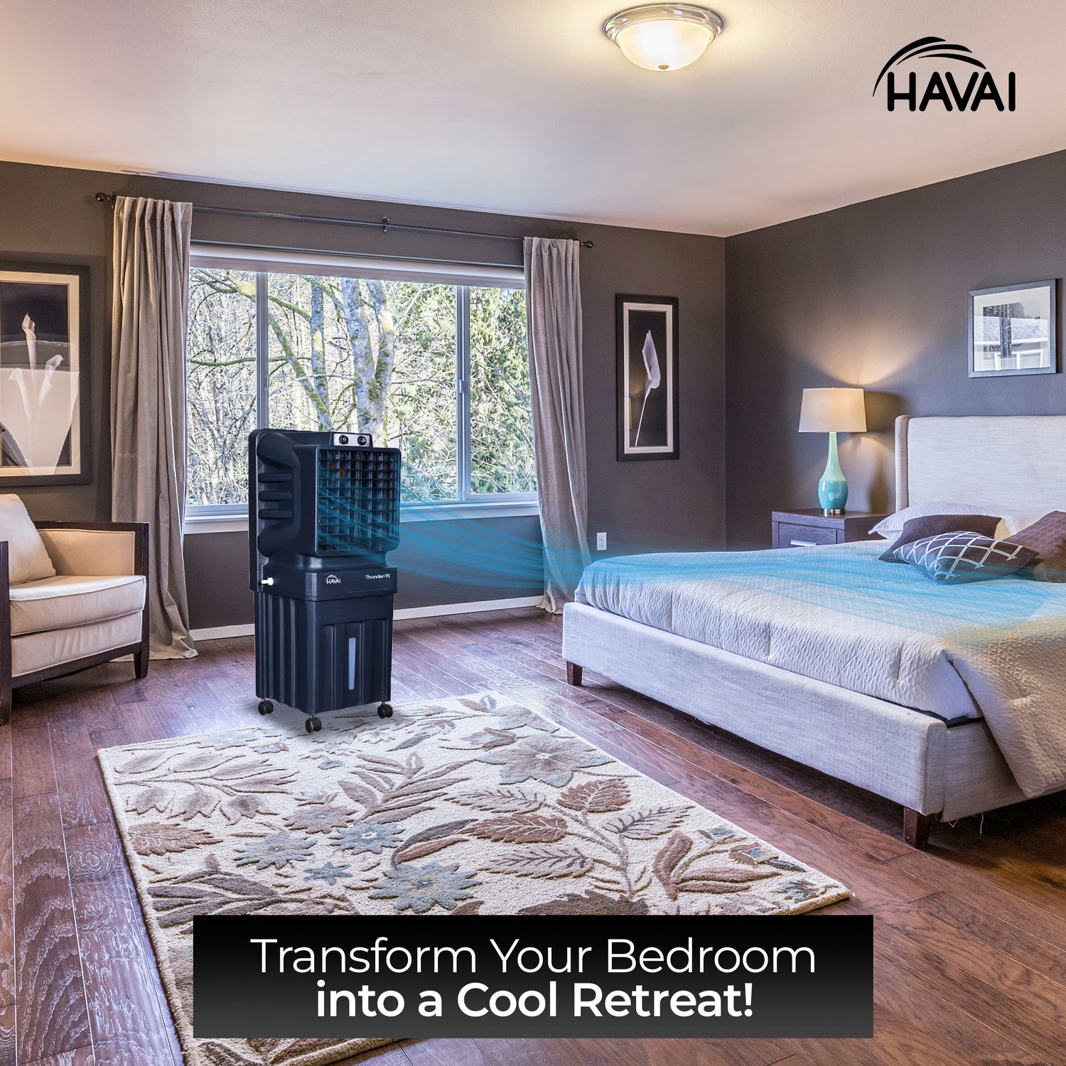 HAVAI Thunder-75 Air Cooler | 70L Tank Capacity, 150W Power, 250 Sq. Ft. Area Coverage | 15 Ft. Air Throw, Auto Louver Movement, 3-Speed Control, 3-Way Air Delivery | Powerful Cooling