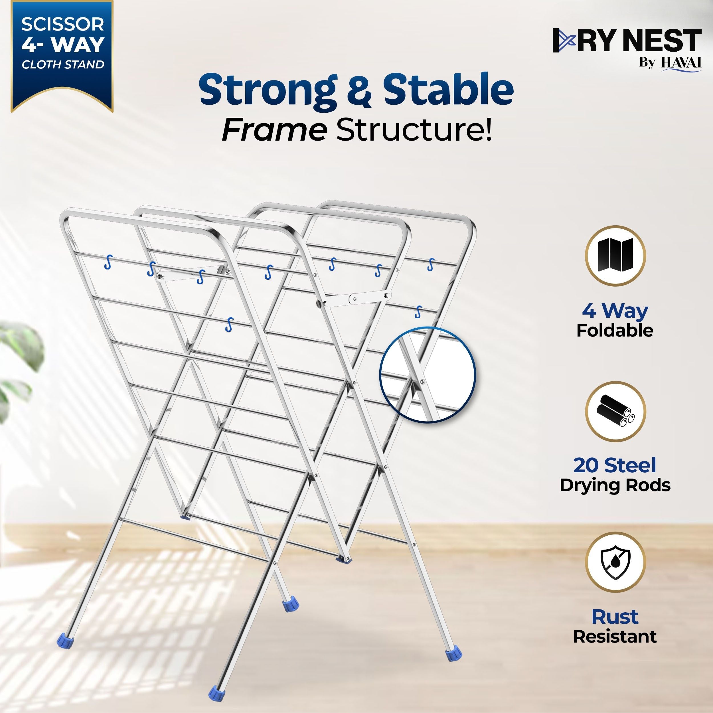 HAVAI DRY NEST 3kg Heavy Duty Premium Cloth Drying Stand | 4-Way Foldable Stainless Steel Clothes Dryer | 20 Rods with Hanger Hooks | 30kg Load Capacity | Strong & Stable | 2 Year Warranty