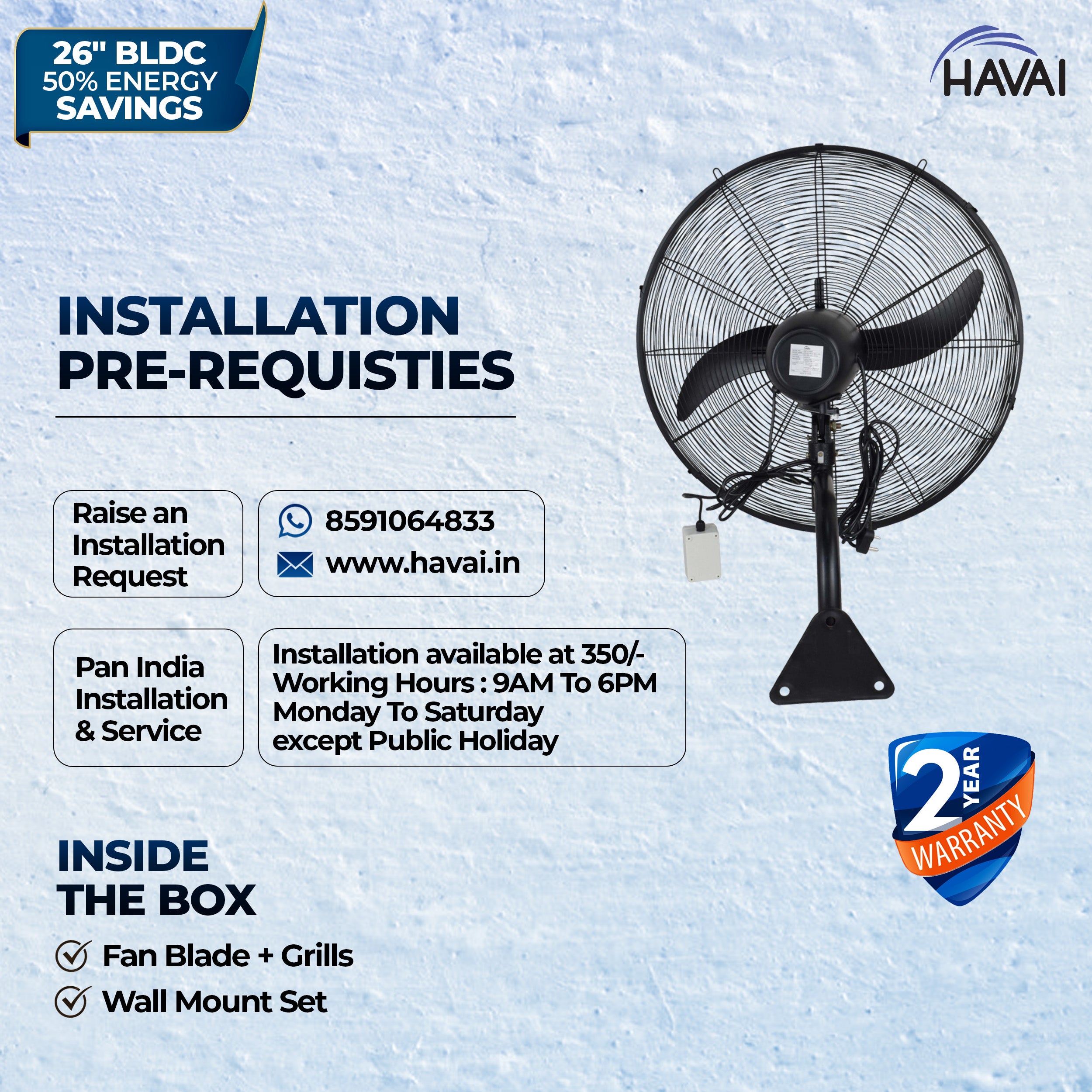 HAVAI BLDC Wall Mount Fan 26 inch, 50% Savings on Electricity, High Velocity, Heavy Duty Metal for Industrial, Commercial and Residential Use, Assembly Included