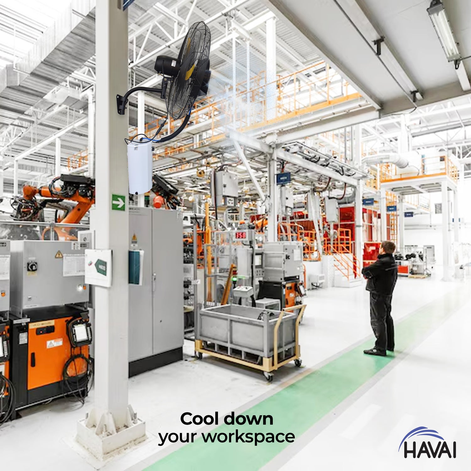 HAVAI 26" BLDC Wall-Mount Mist Fan – 450 Sq. Ft. Coverage, 12L Tank, 1300-9000 M³/Hr Airflow, 4-Speed Control, Yellow & Black, 2-Year Warranty