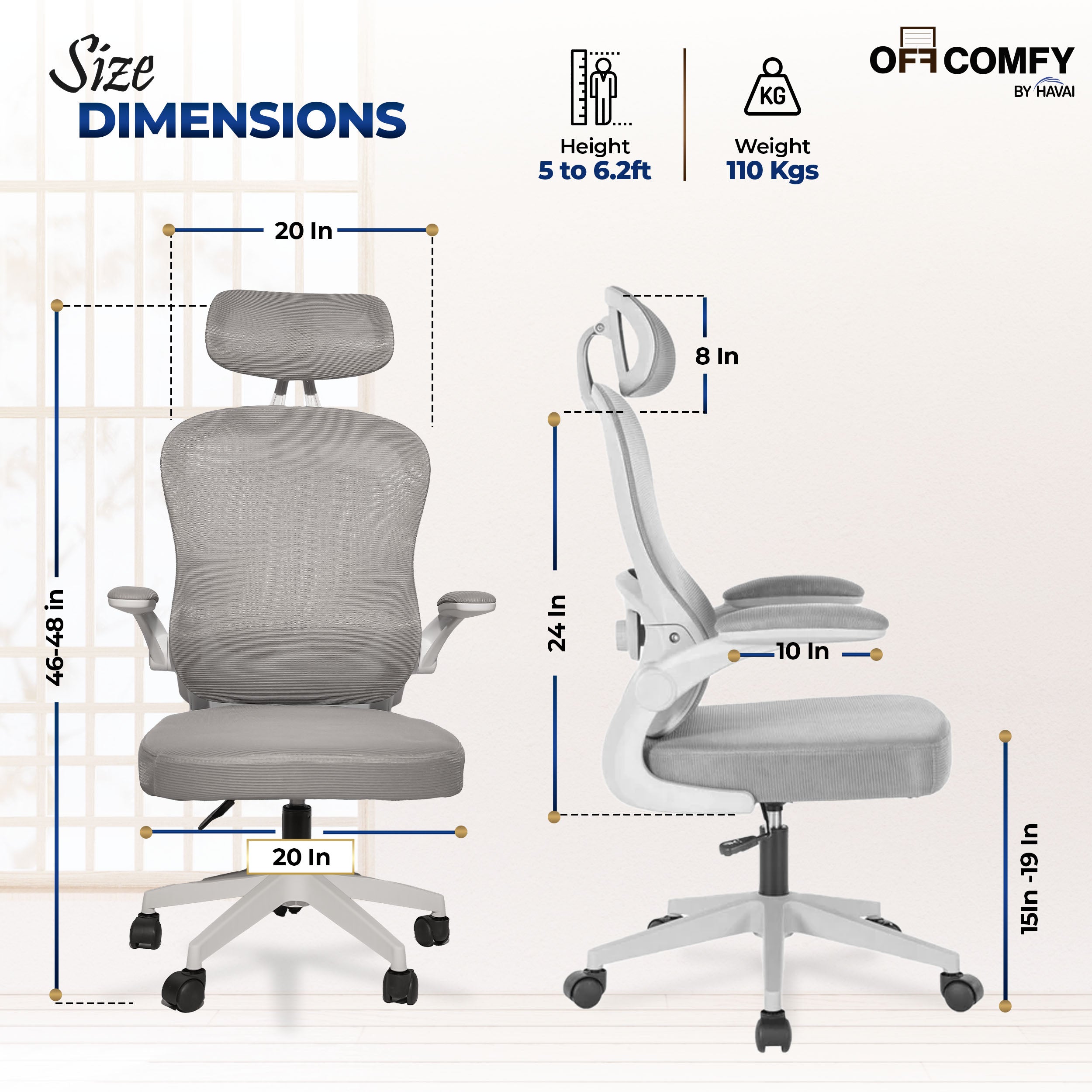 HAVAI LUMA GREY Ergonomic Mesh Office Chair | Mid Back | Breathable Net Fabric | Height Adjustable | Class 2 Gas Lift | Nylon Base | Smooth Wheels | WFH & Office