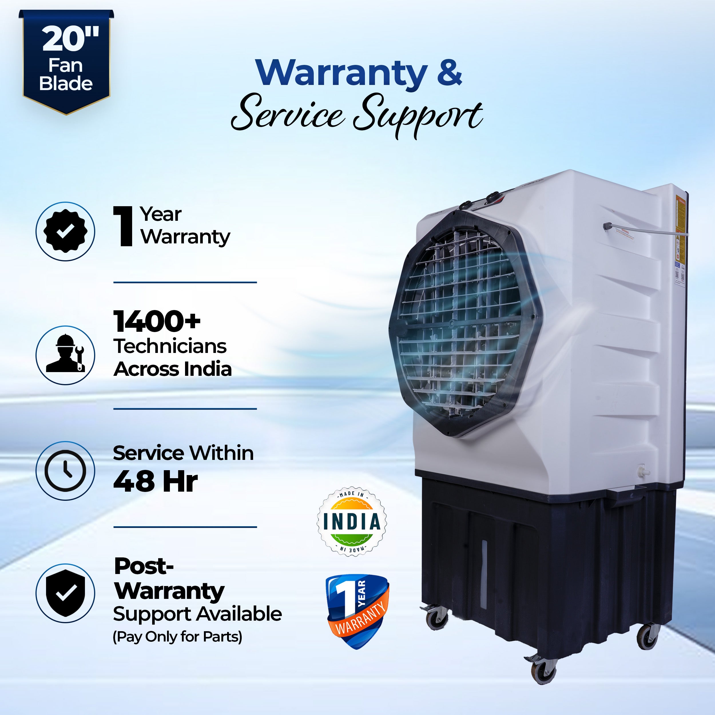 HAVAI Jumbo 20+ Desert Air Cooler for Home & Commercial Use | 20 Inch Aluminium Fan, 150L Tank, 6190 m³/hr Air Delivery | Covers 450 Sq Ft | Honeycomb Pads, Auto Swing Louvers, Wheels | White & Grey