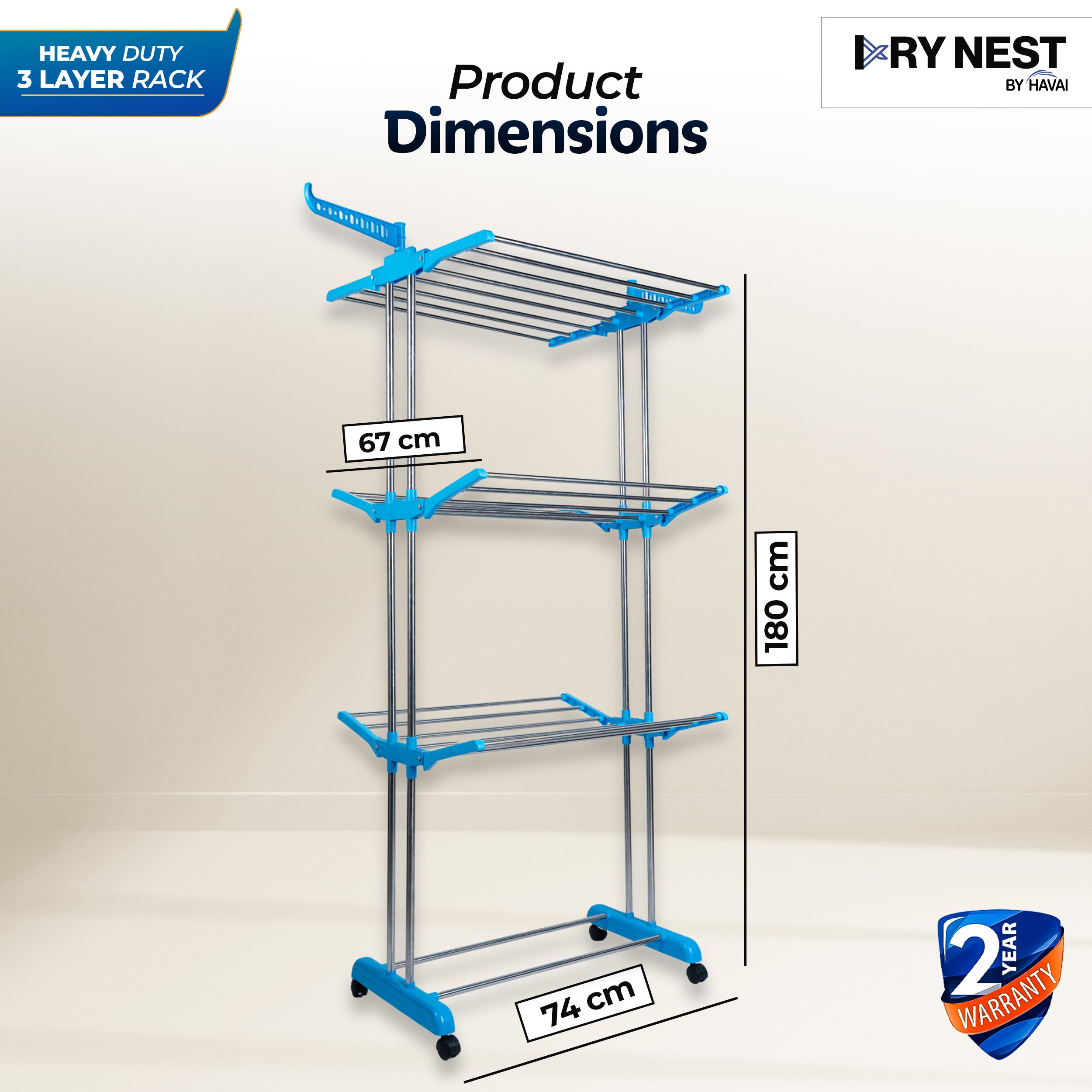 DryNest By HAVAI – Premium Clothes Drying Stand with Wheels | 3-Layer Jumbo Rack | Foldable Wings | 24 Hanger Rods | Anti-Rust Steel | Balcony-Friendly | Portable & Heavy-Duty