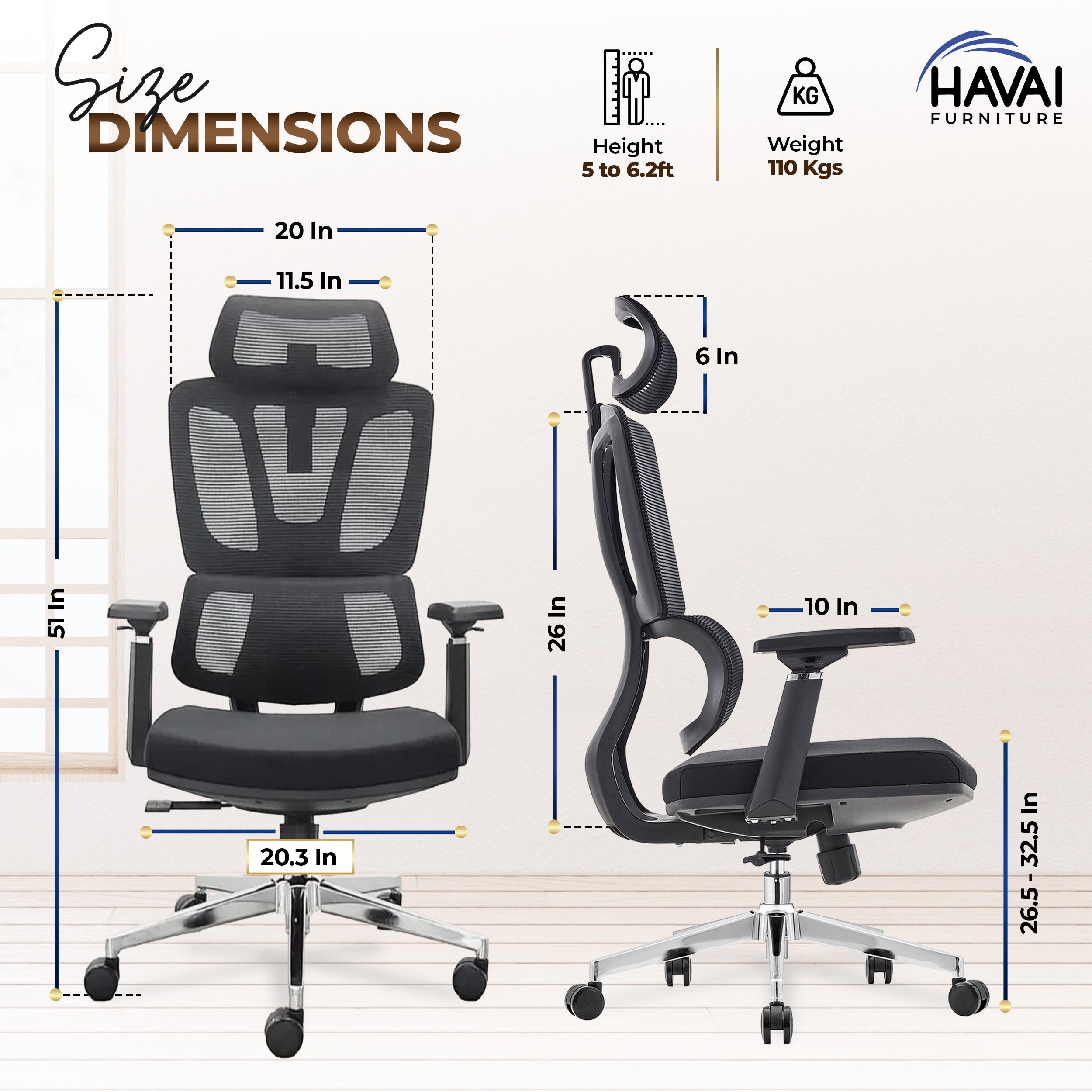 HAVAI Neo High Back Ergonomic Mesh Office Chair | Multi-Lock Mechanism | Chrome Base | 3D Armrests with PU Pads | Adjustable Headrest | Breathable Mesh Back (Black