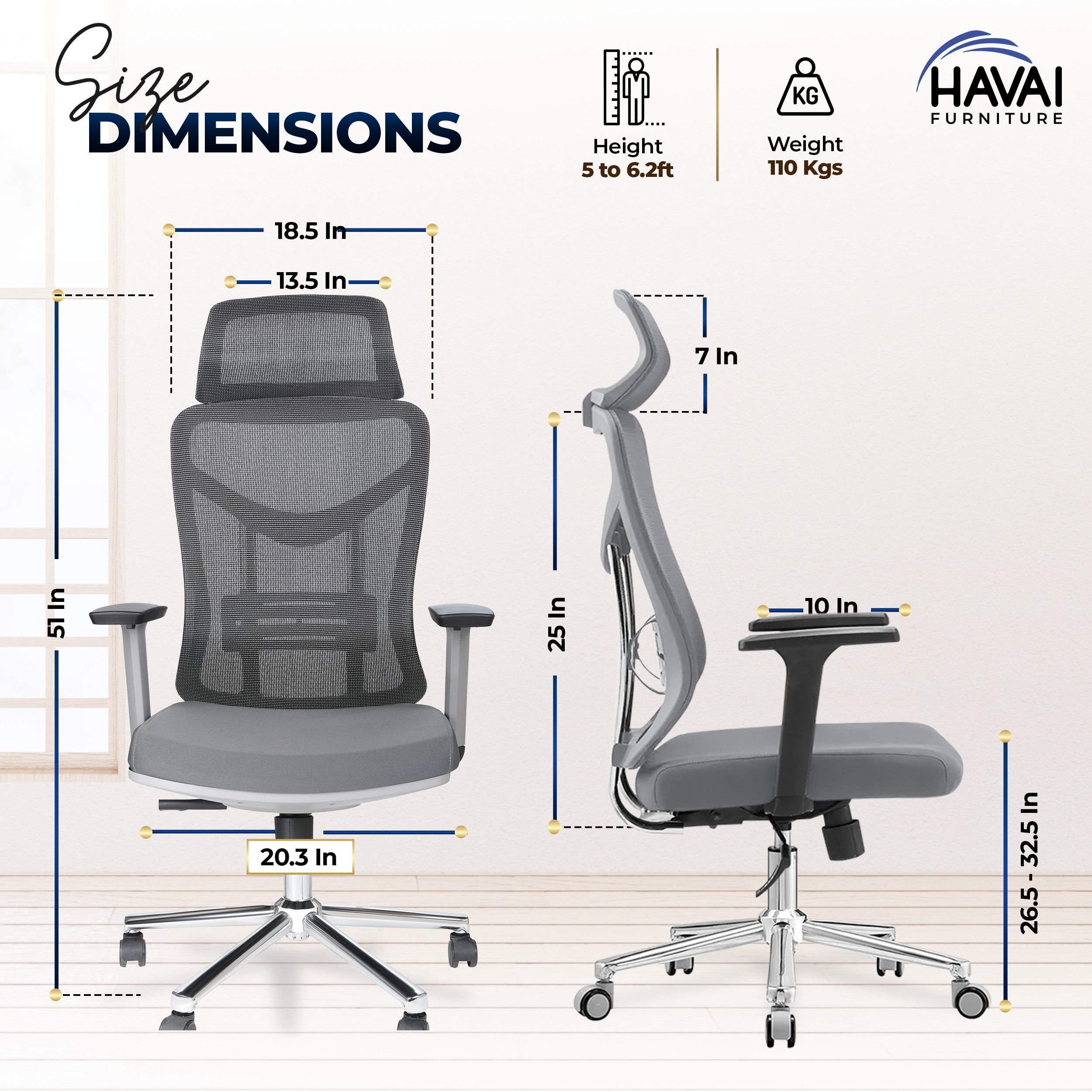 HAVAI Pulse High Back Ergonomic Mesh Office Chair | Multi-Lock Tilt Mechanism | Chrome Base| Breathable Mesh Back | Fixed Headrest (Grey)