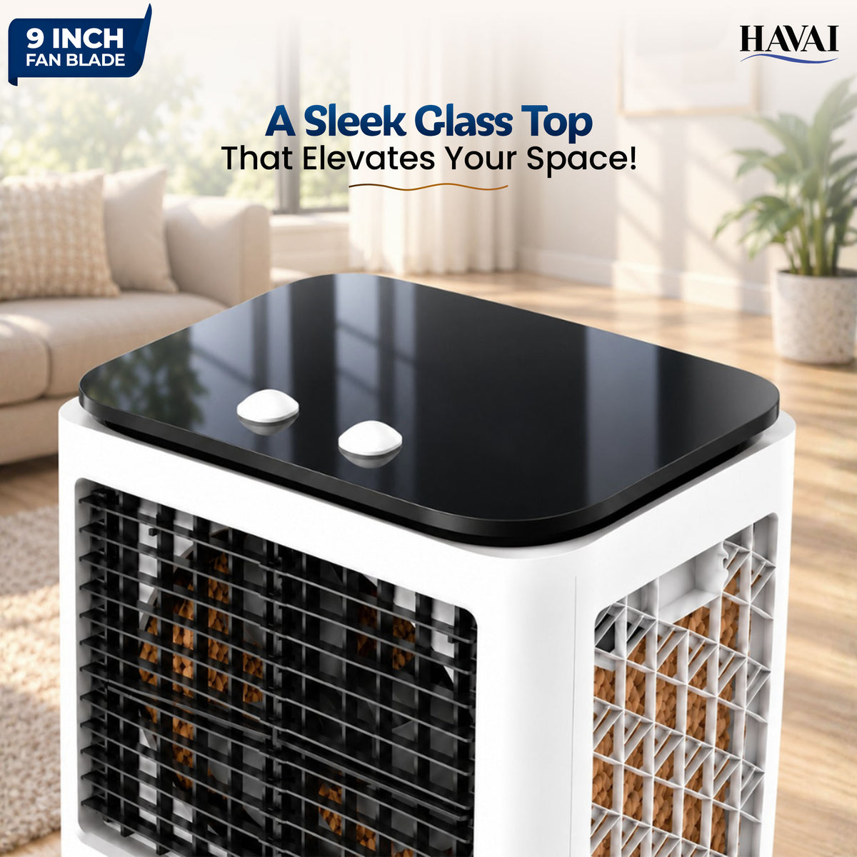 Havai Elite 9 Personal Air Cooler, 35L Tank, 3-Side Honeycomb, Glass Top 9-inch blade, 1800 CMH, 5-ft air throw, 75W power