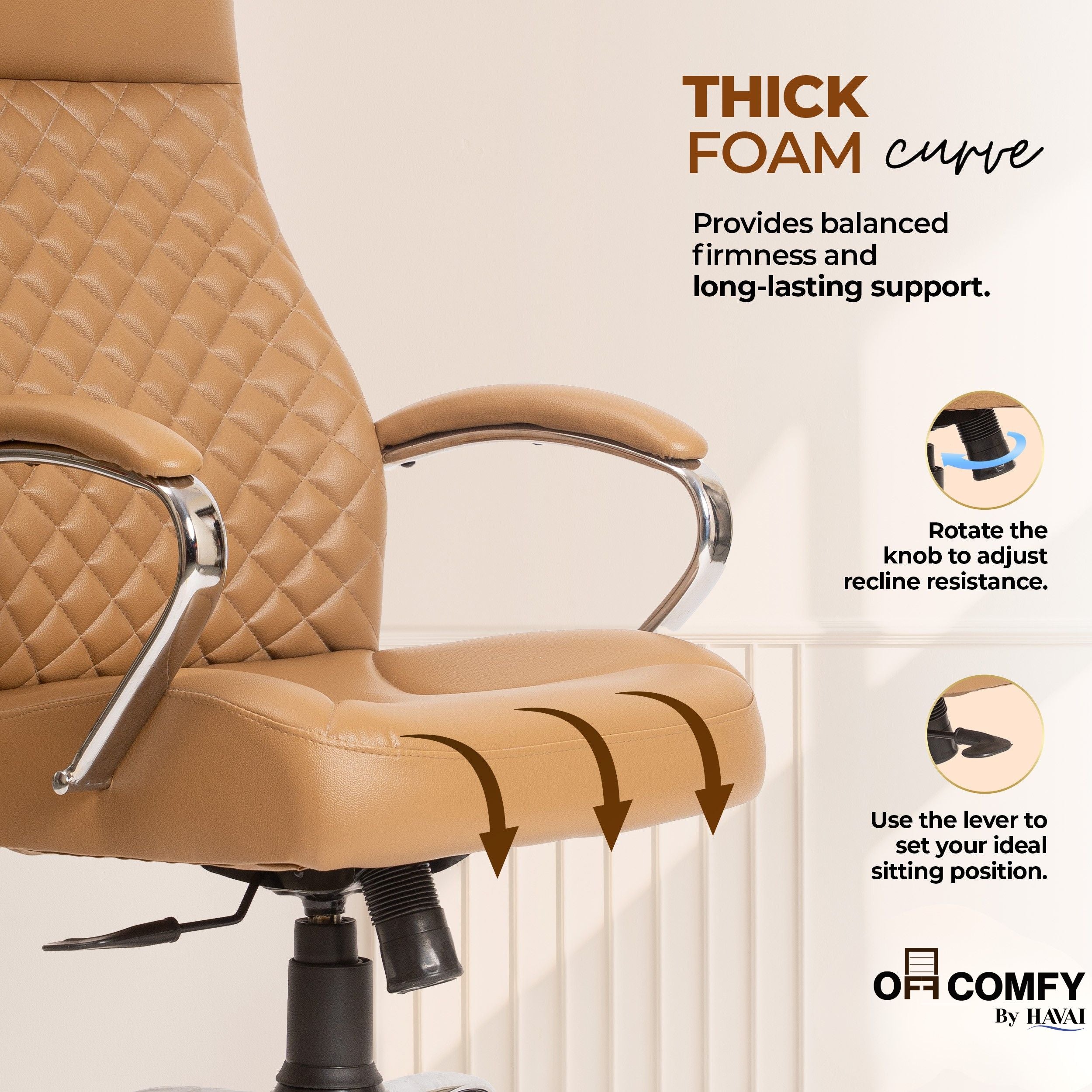 Prime High Back Office Chair | Ergonomic Executive Chair | Premium Leather | Single Lock Tilt Mechanism | Mild Steel Chrome Base & Arms | Class 4 Gaslift | 50mm Casters | High-Density Back & Seat Cushion (Camel)