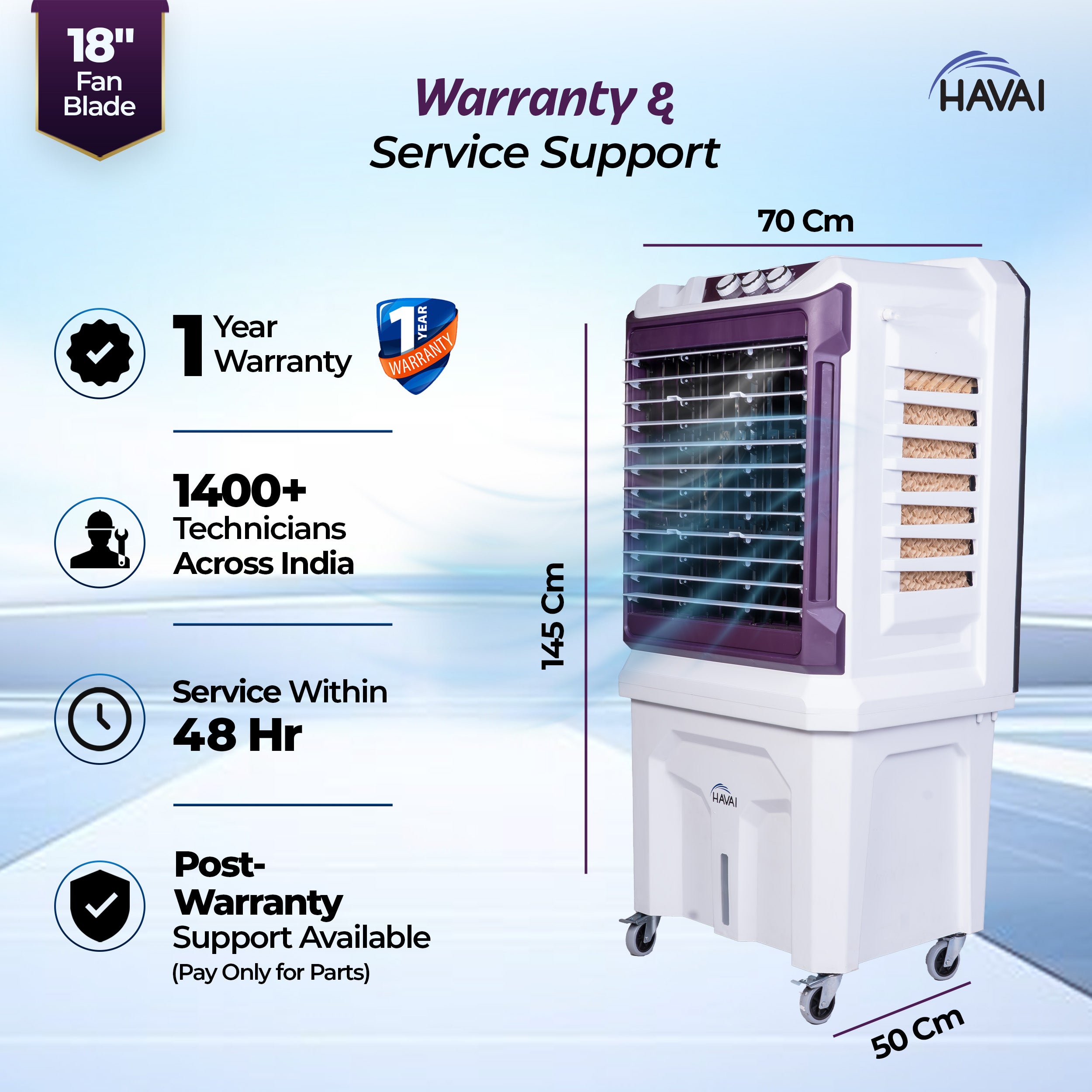 HAVAI Arizona 18 High Airflow Desert Cooler | 18” Metal Fan | 100L Tank | 3500 m³/hr Air Delivery | 30 ft Air Throw | 3-Side Thick Honeycomb Pads | Double Bearing Low-Noise Motor | Castor Wheels | 1-Year On-Site Warranty