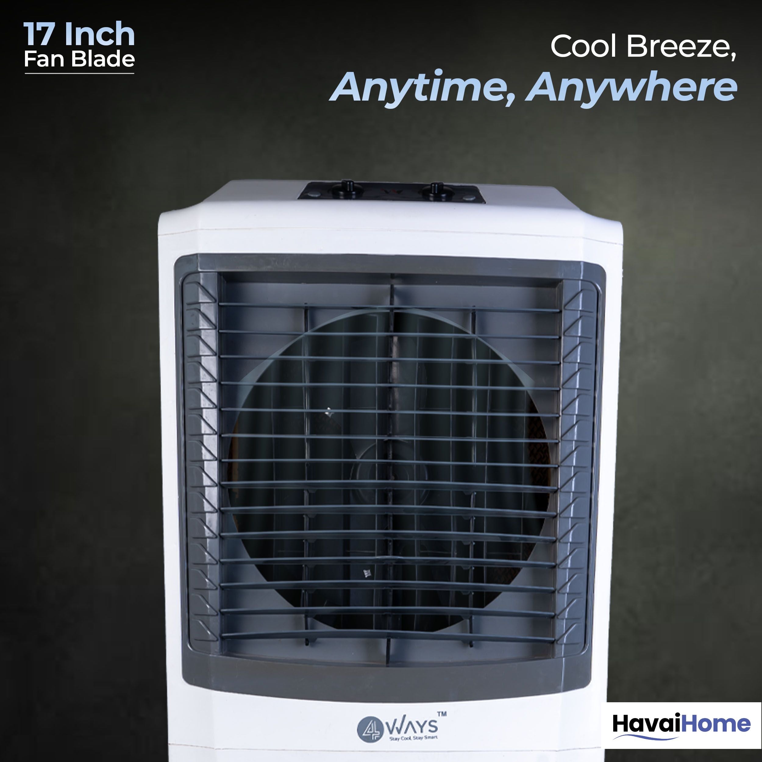 4 Way Plus Cooler | 17-Inch Fan Blade | High Thrust Energy | 500 Sq. Ft Area Coverage | 25-Foot Air Throw | 80 Litre Tank | Three-Side Honeycomb Pads | 1-Year Warranty | Sleek Design