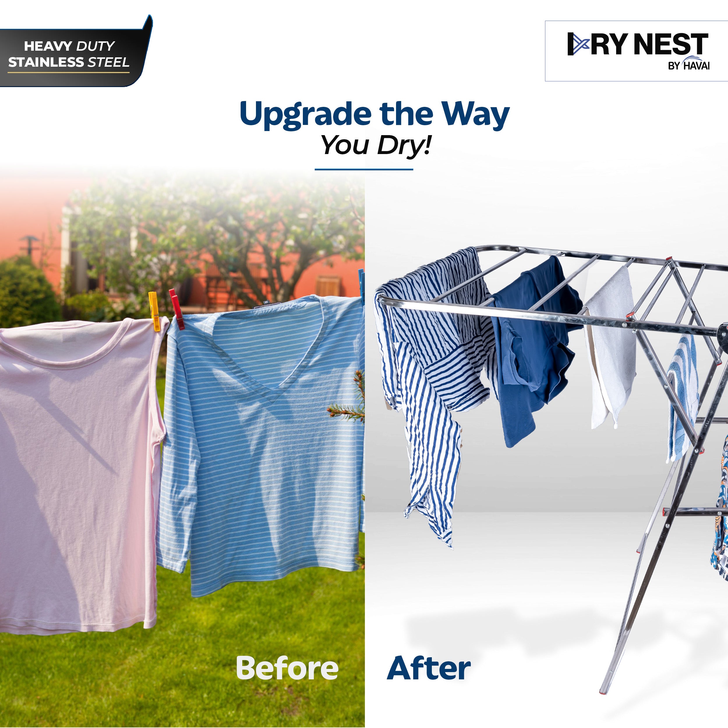 DryNest by HAVAI – Heavy Duty Foldable Cloth Drying Stand | Rust-Free Stainless Steel Laundry Rack | Indoor, Outdoor & Balcony Use | Portable Clothes Dryer Stand