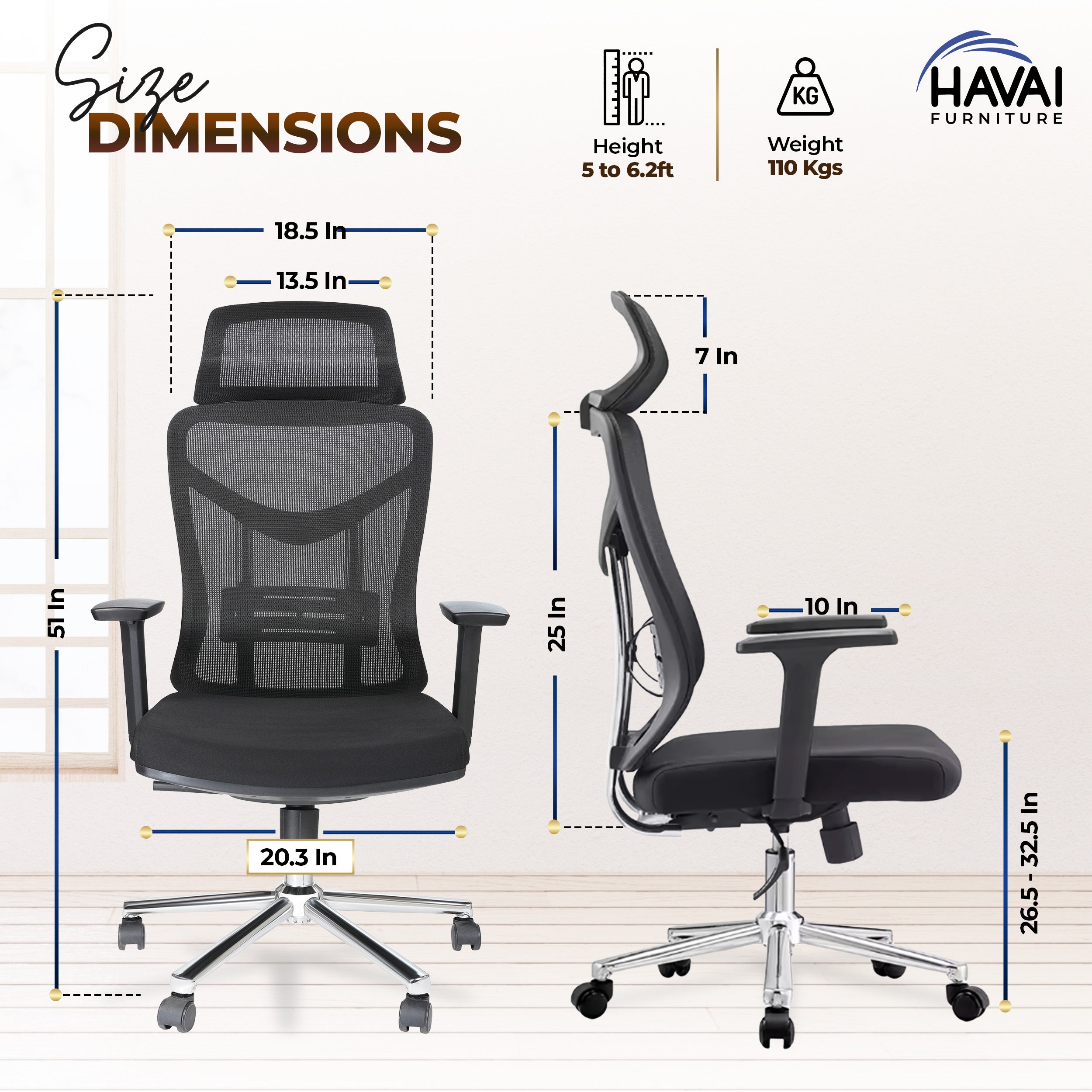 HAVAI Pulse High Back Ergonomic Mesh Office Chair | Multi-Lock Tilt Mechanism | Chrome Base| Breathable Mesh Back | Fixed Headrest (Black)
