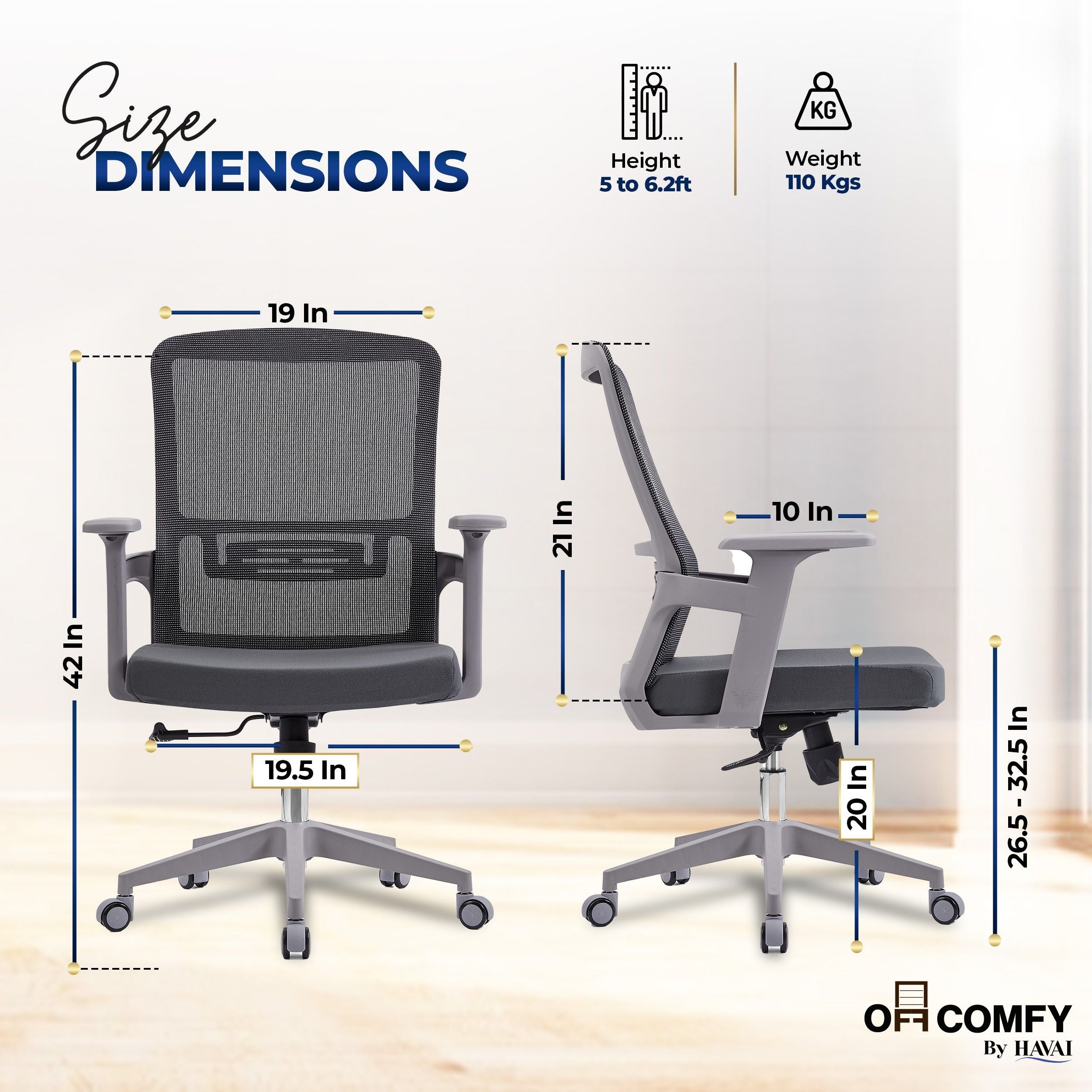 HAVAI Ergolite Mid Back Ergonomic Mesh Office Chair | One Lock Tilt Mechanism | Fixed Armrests | Nylon Base | Breathable Mesh Back (Grey)