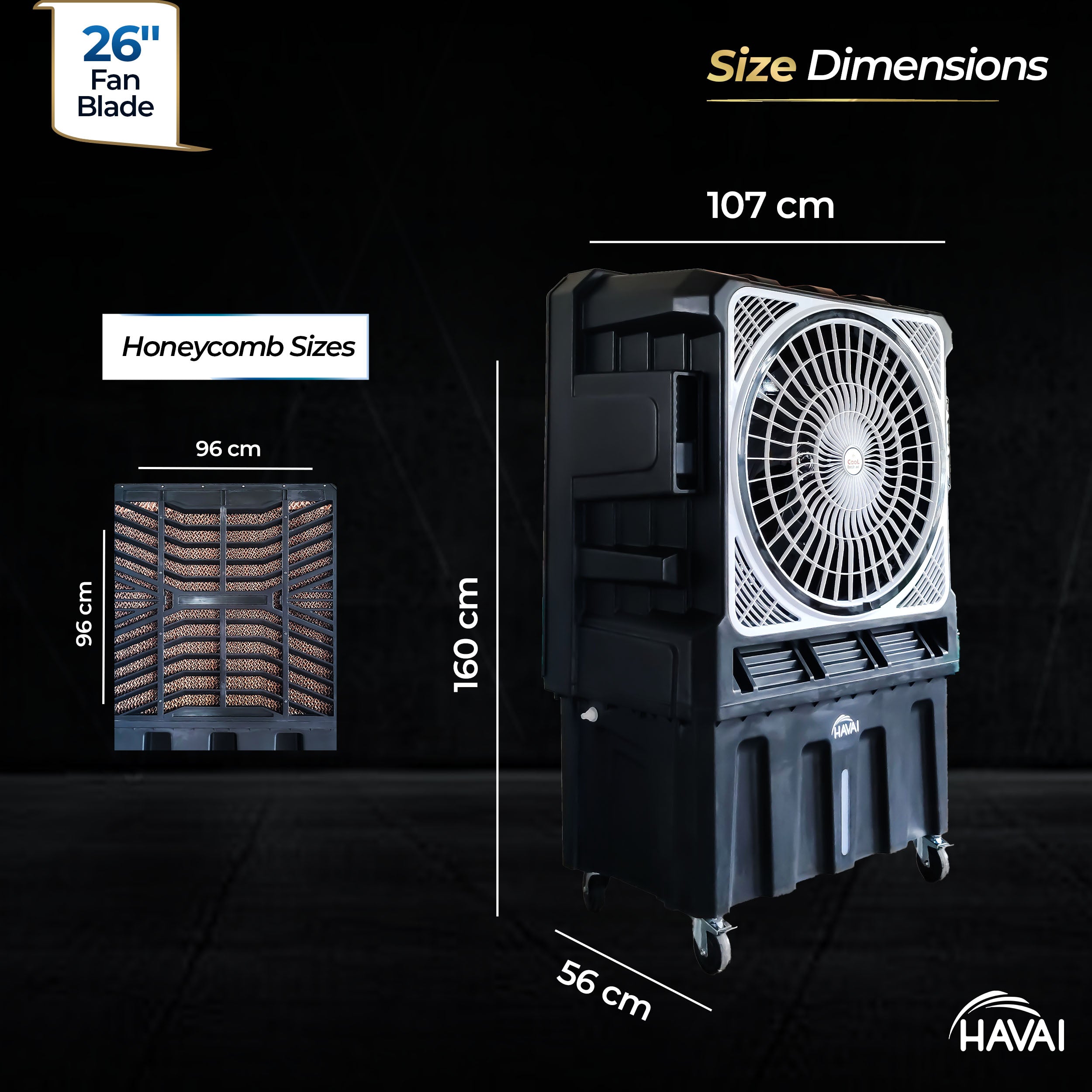 HAVAI Cyclone 26 Desert Air Cooler | 26" Fan Blade | 200L Tank Capacity | 440W High-Performance Cooling | 750 Sq. Ft. Coverage | Auto Swing | Three Side Honeycomb Pads | Lockable Wheels | Black