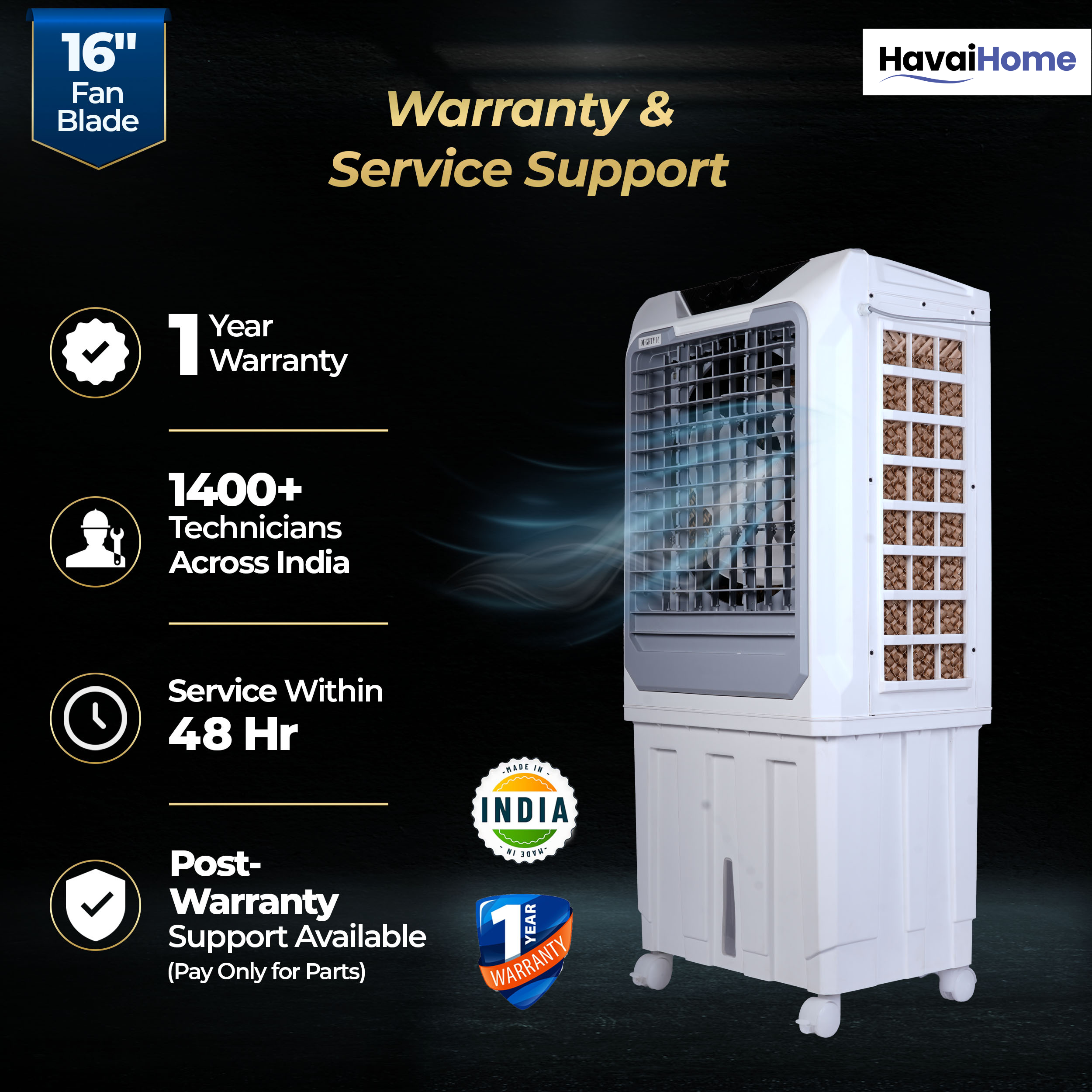 HAVAI Mighty 16 Desert Air Cooler | 16 Inch Special Bent-Edge Blade, 100L Tank, 5190 m³/hr Air Delivery | Covers 350 Sq Ft | Honeycomb Pads, Aluminium Motor, Closed Louvers, Wheels | White & Grey