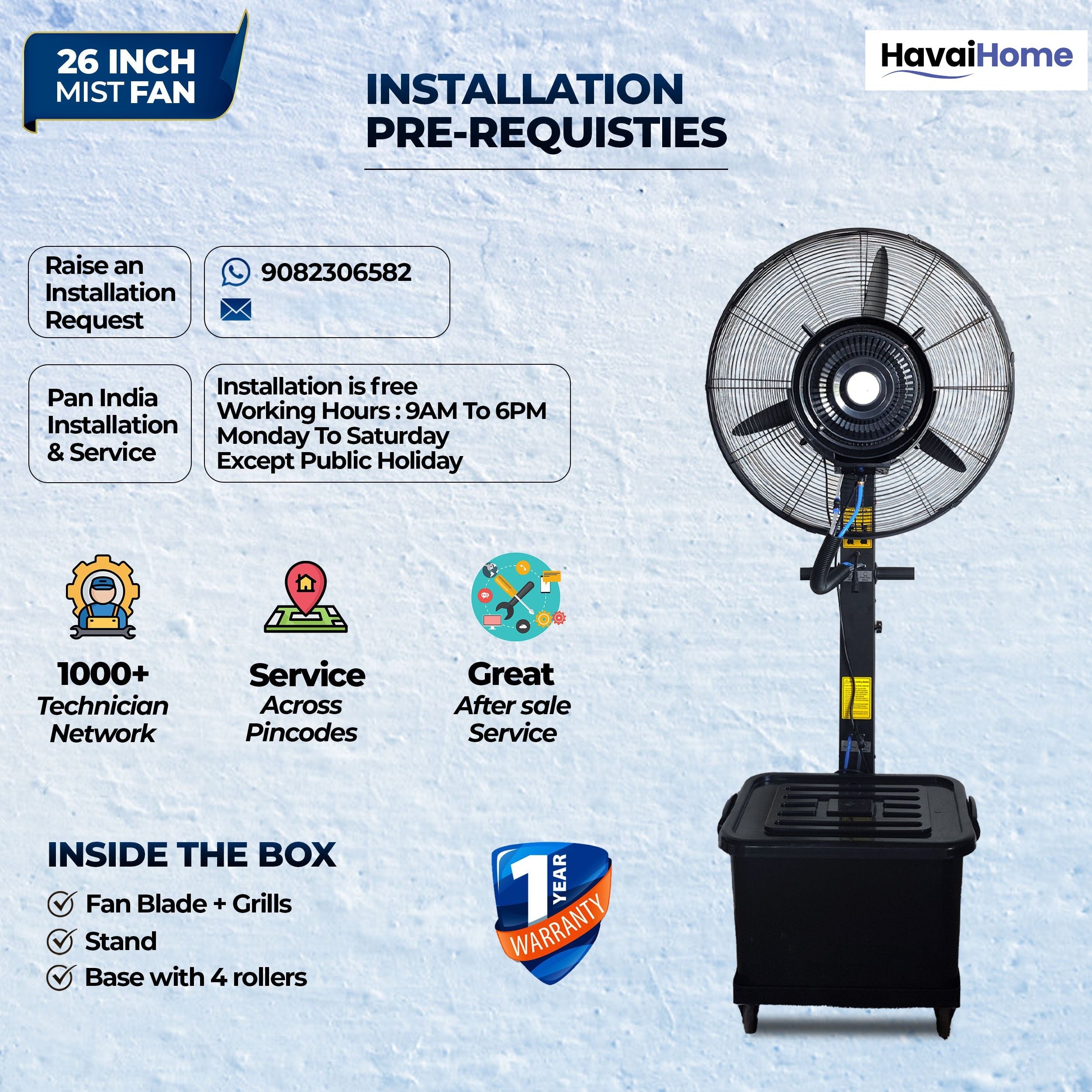 26″ Commercial Mist Fan, 260W Copper Motor | 10m Spray | Manual Mist Control | Aluminium Blade | Finger-Proof Grill | 41L Tank | Fixed 6ft Height | 48-Hour Installation & 1-Year Warranty