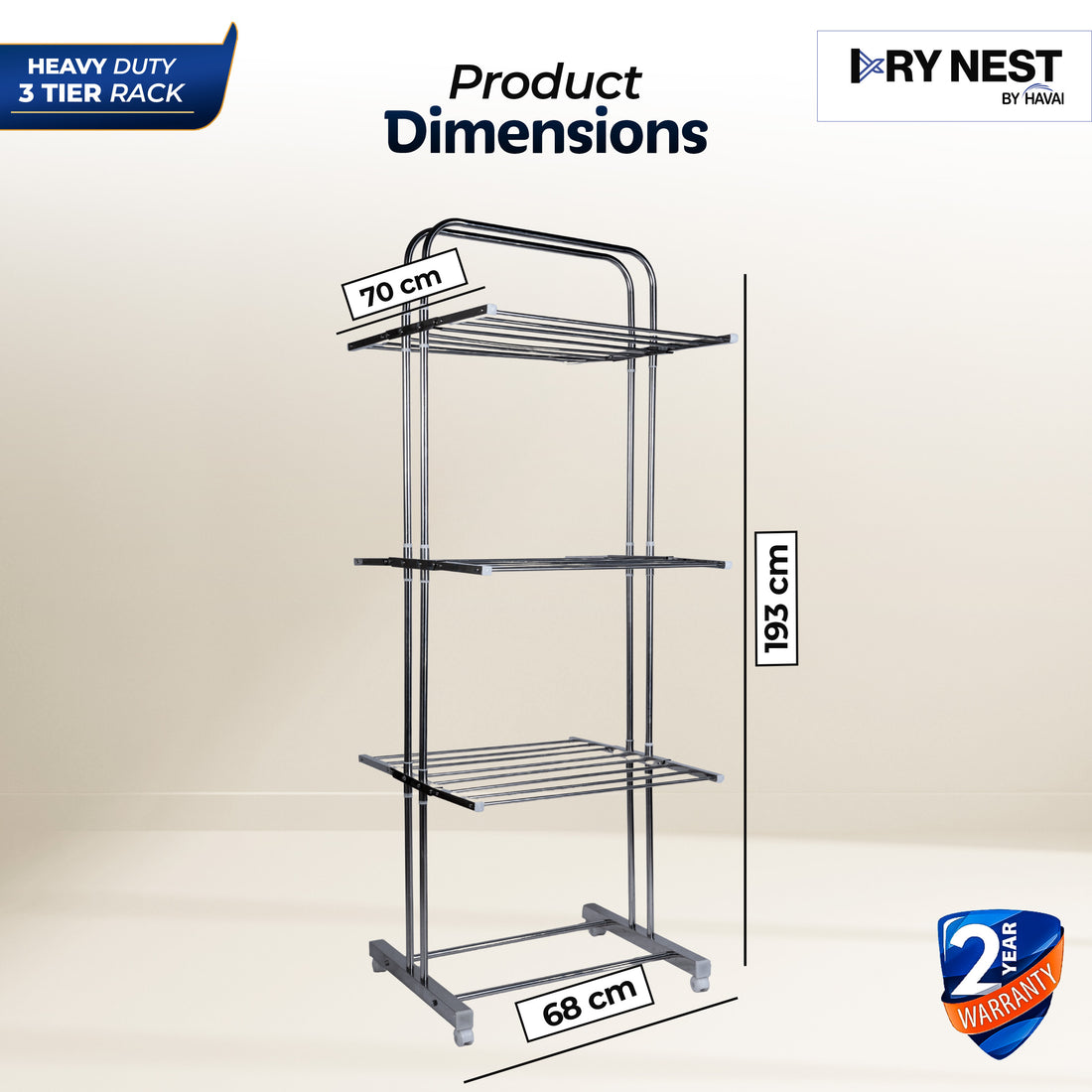 DryNest by HAVAI – 5.2 KG Heavy Duty 3-Tier Foldable Cloth Drying Stand | Premium Stainless Steel Rack with Strong Steel Rods for Indoor & Outdoor Use | Clothes Stand for Balcony & Home Drying
