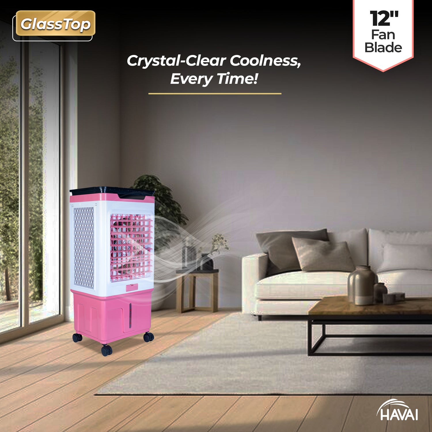 HAVAI Premium Glass Top GT 12 | 12" Fan Blade | 40 Litre Tank Capacity | 160W Power | 15ft Air Throw | 3-Side Honeycomb Cooling | Sleek Glass Top Design | 4 Castor Wheels (PINK)