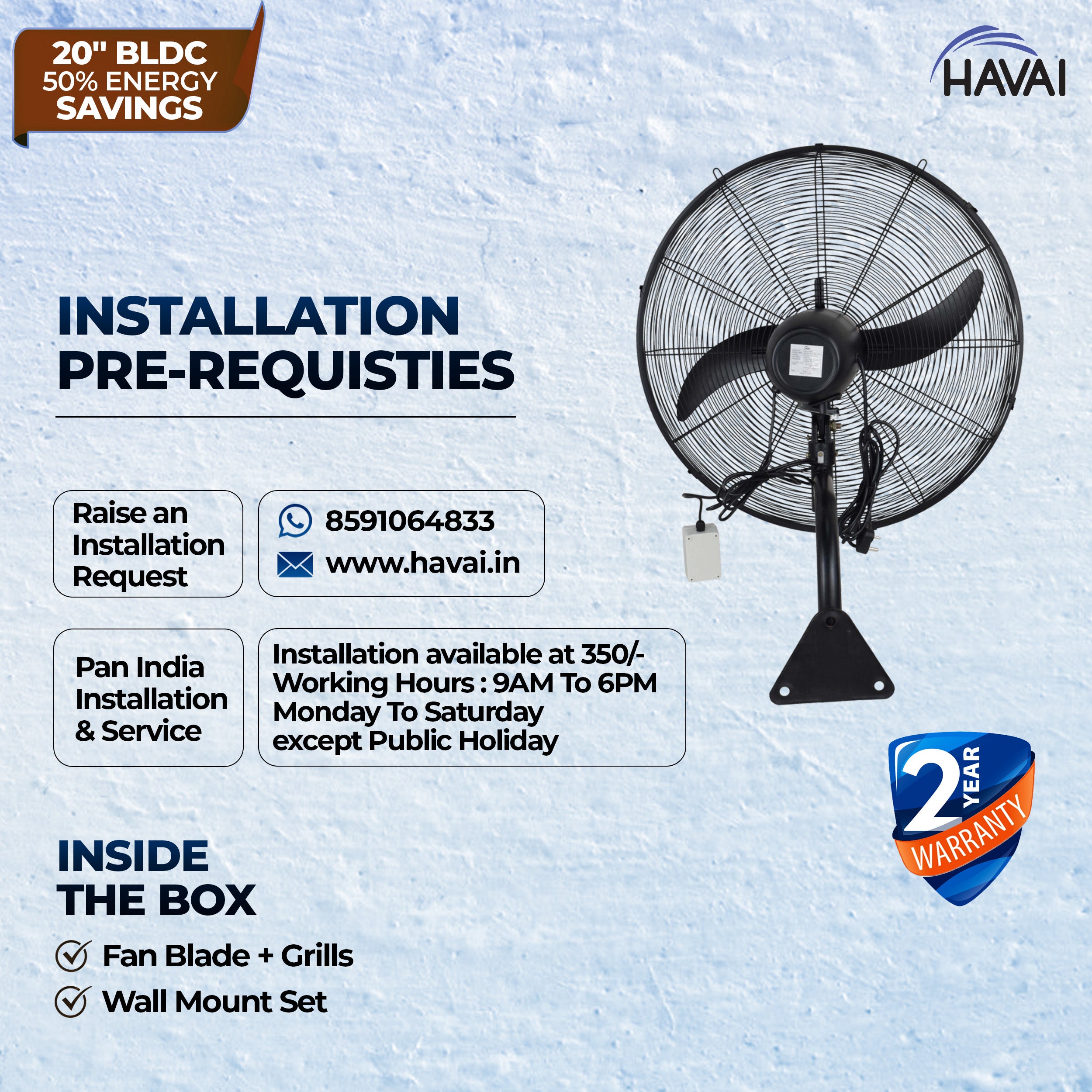 Havai BLDC Wall Mount Fan 20 Inch, 50% Savings On Electricity, High Velocity, Heavy Duty Metal For Industrial, Commercial And Residential Use, Assembly Included , Black