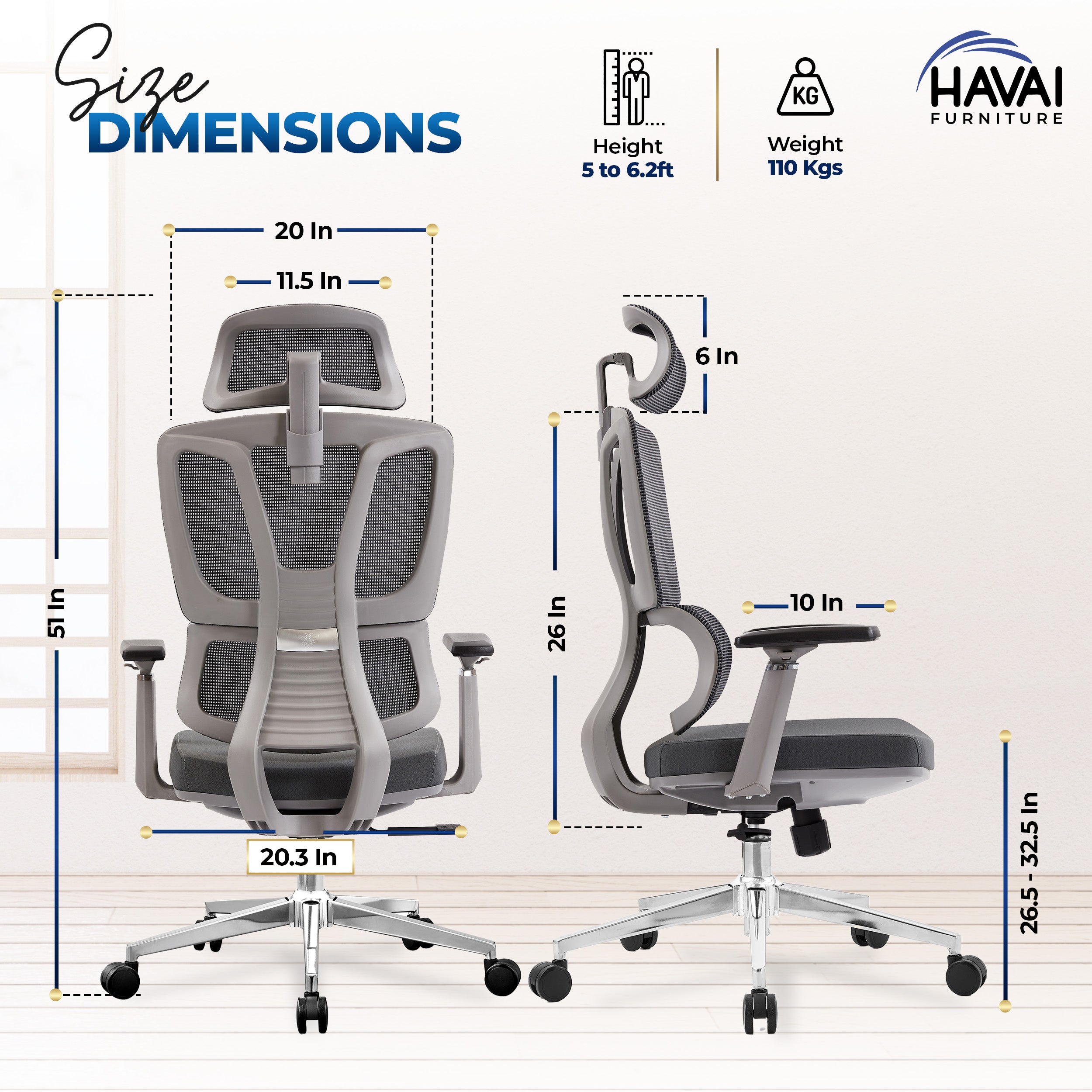 HAVAI Neo High Back Ergonomic Mesh Office Chair | Multi-Lock Mechanism | Chrome Base | 3D Armrests with PU Pads | Adjustable Headrest | Breathable Mesh Back (Grey)